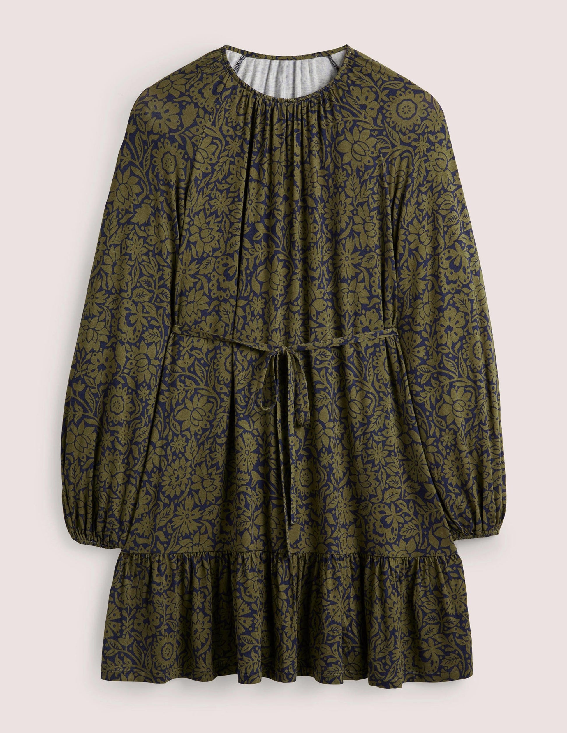 Jersey-Minikleid mit Rundhalsausschnitt-Basilikumgrün, Blättriges Blumenmuster-6
