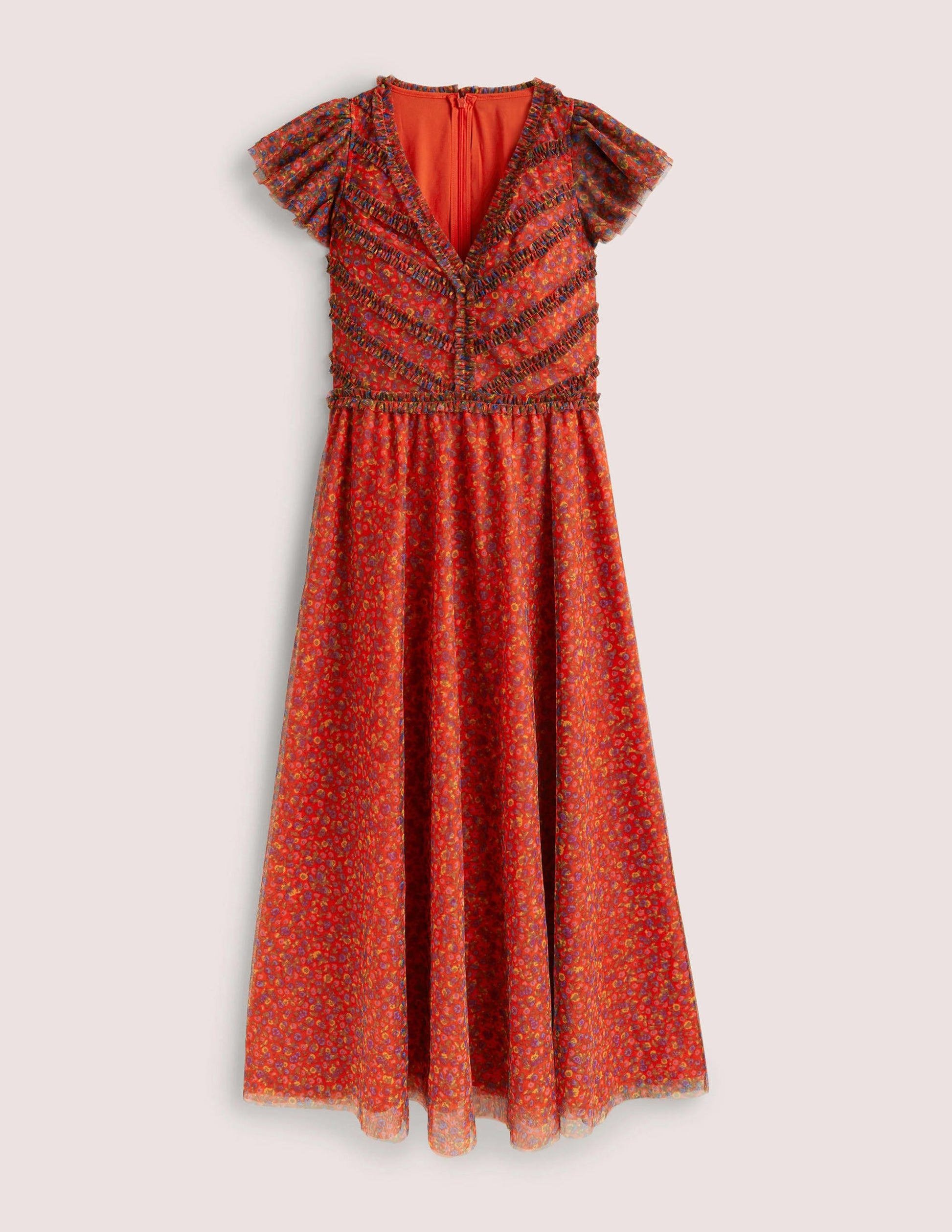Tüll-Maxikleid mit V-Ausschnitt-Raketenrot, Florales Muster-7