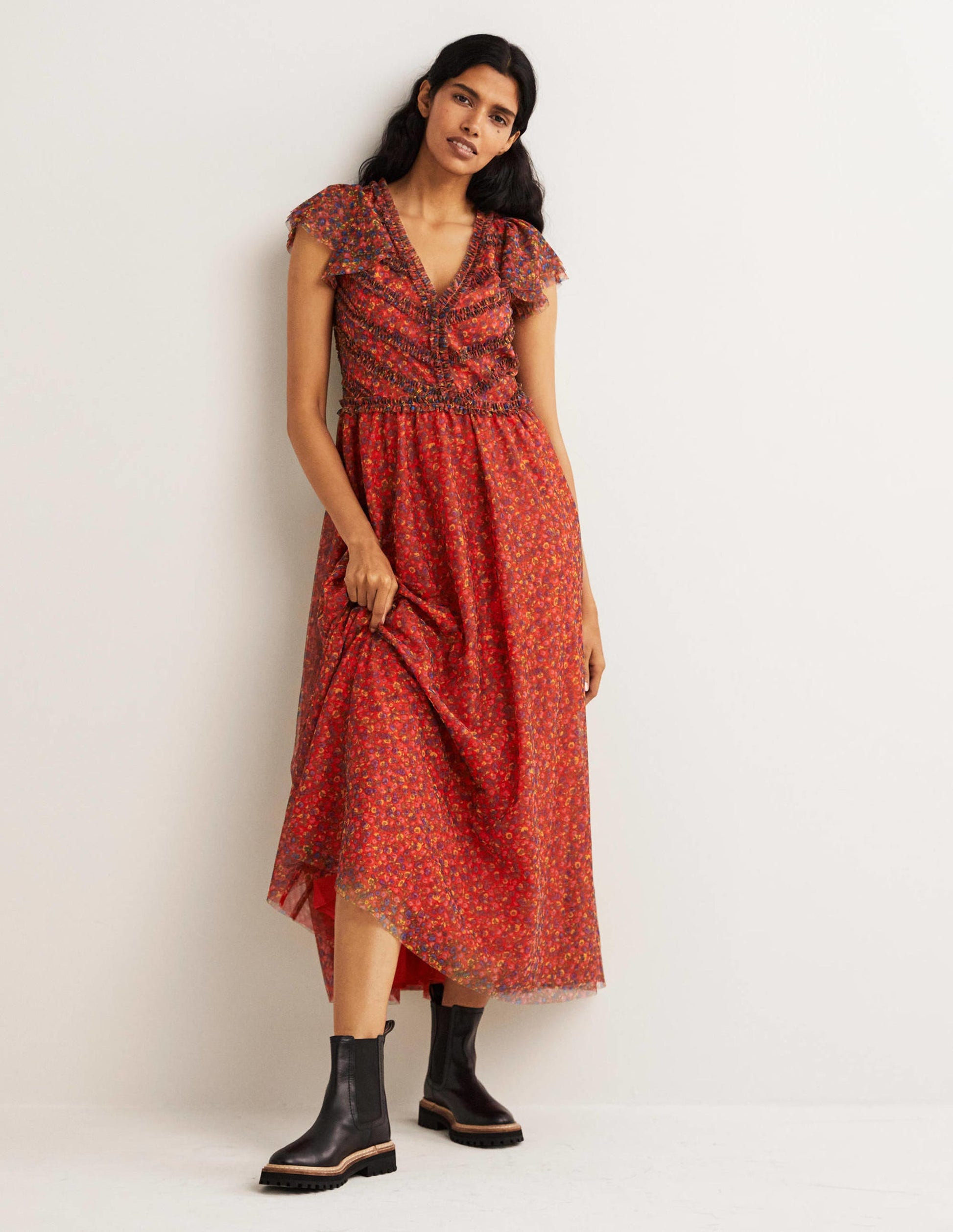 Tüll-Maxikleid mit V-Ausschnitt-Raketenrot, Florales Muster-1