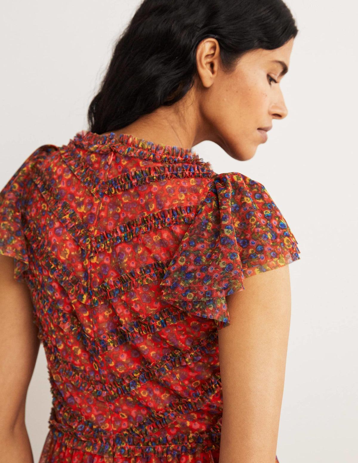 Tüll-Maxikleid mit V-Ausschnitt-Raketenrot, Florales Muster-2