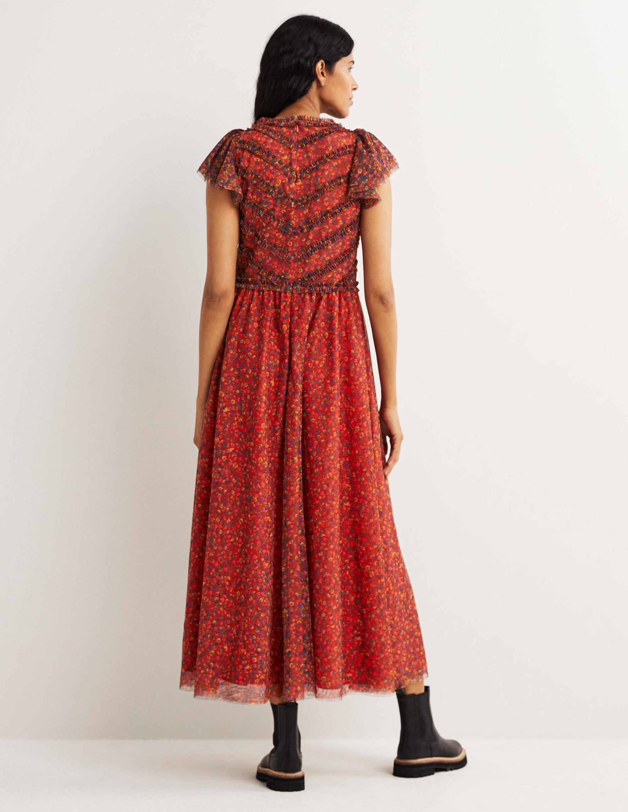Tüll-Maxikleid mit V-Ausschnitt-Raketenrot, Florales Muster - Image 3