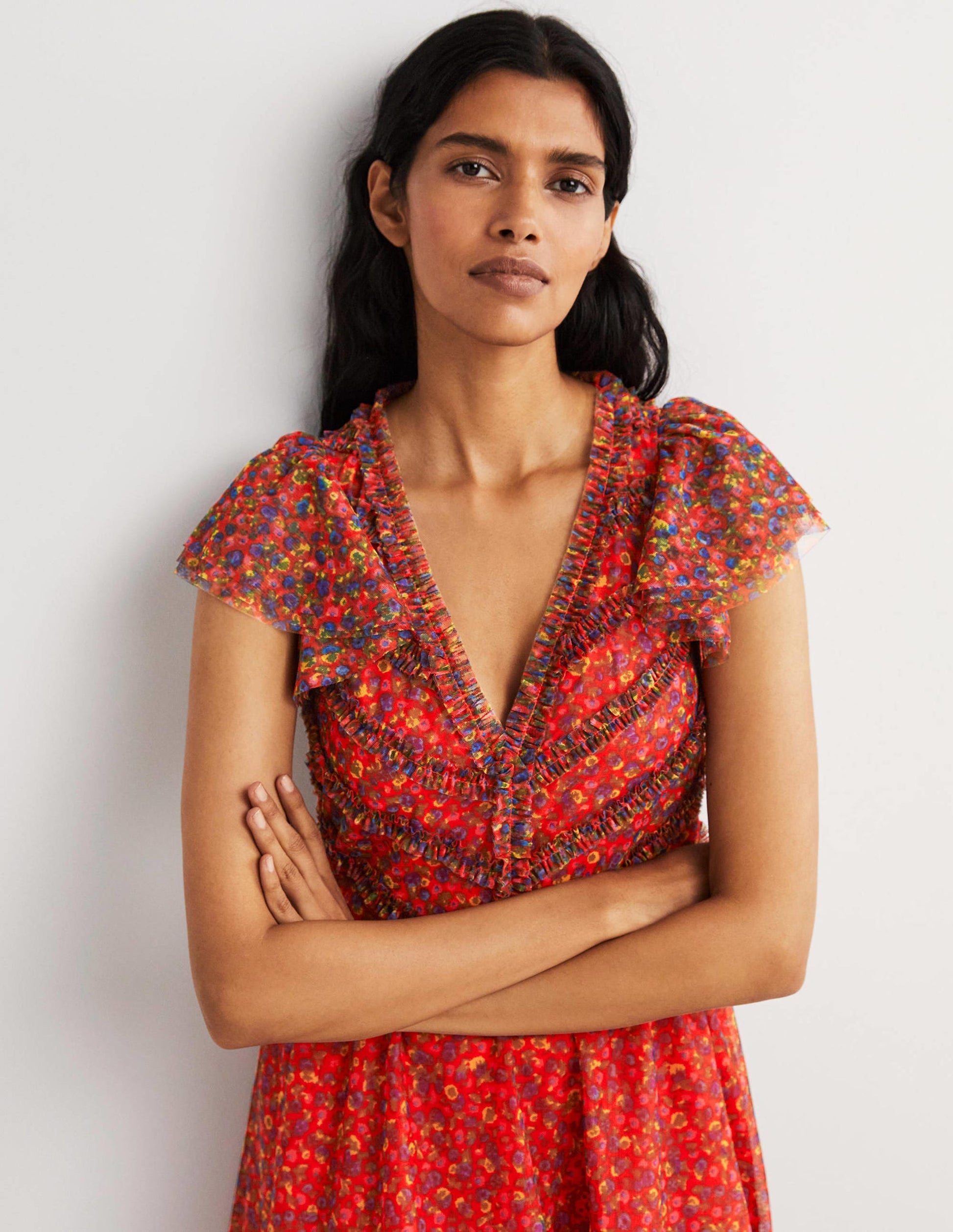 Tüll-Maxikleid mit V-Ausschnitt-Raketenrot, Florales Muster-4