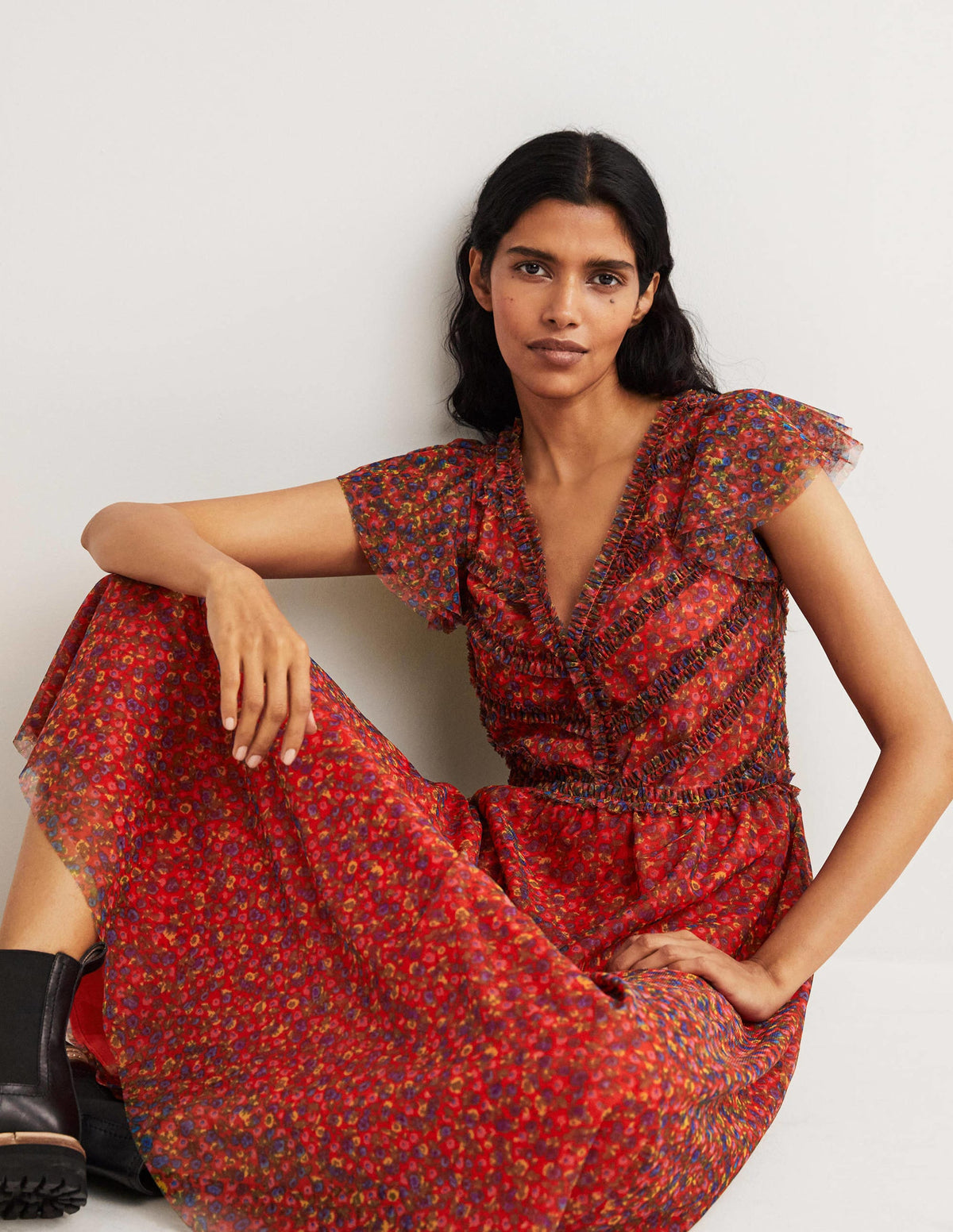 Tüll-Maxikleid mit V-Ausschnitt-Raketenrot, Florales Muster-5