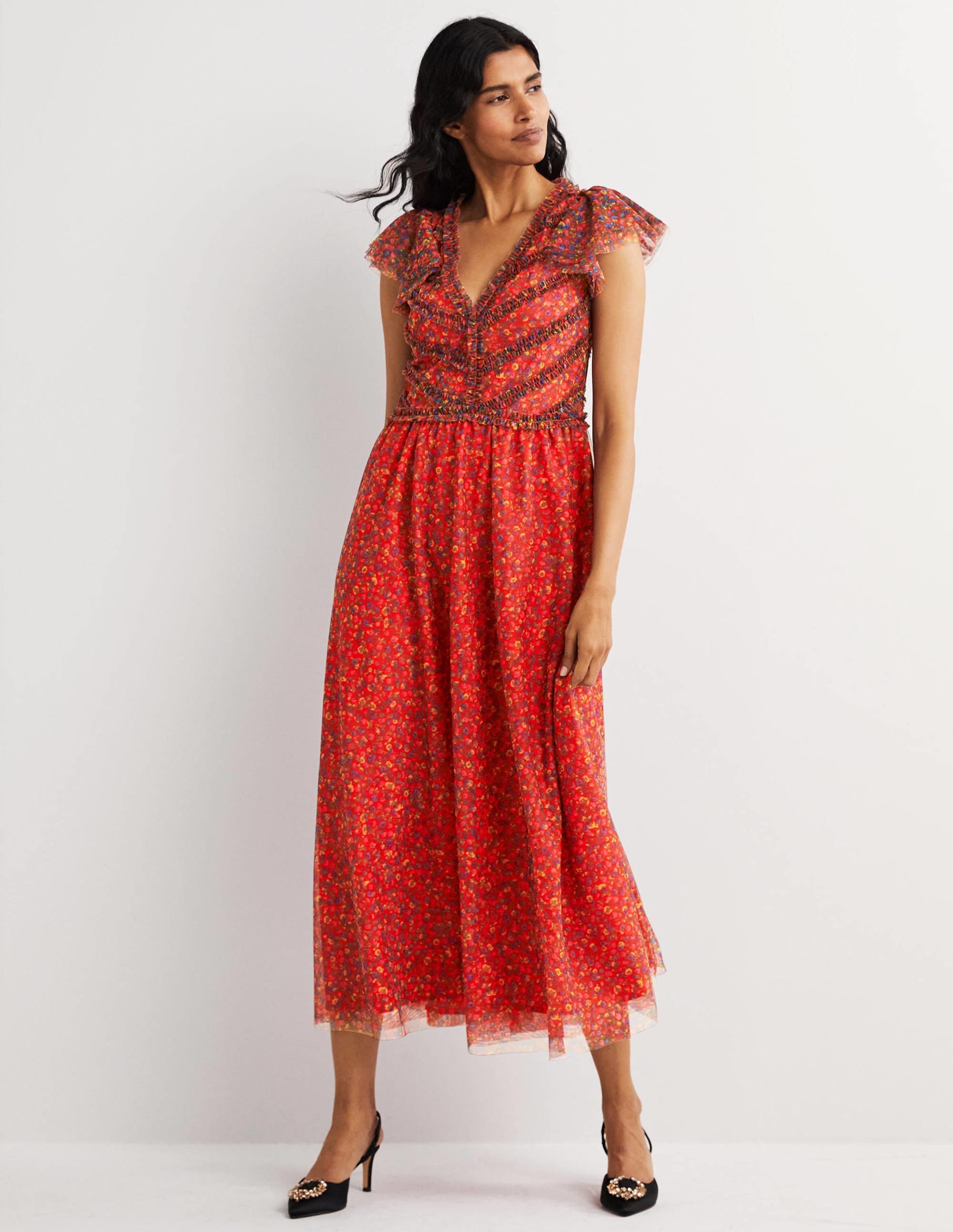 Tüll-Maxikleid mit V-Ausschnitt-Raketenrot, Florales Muster - Image 6