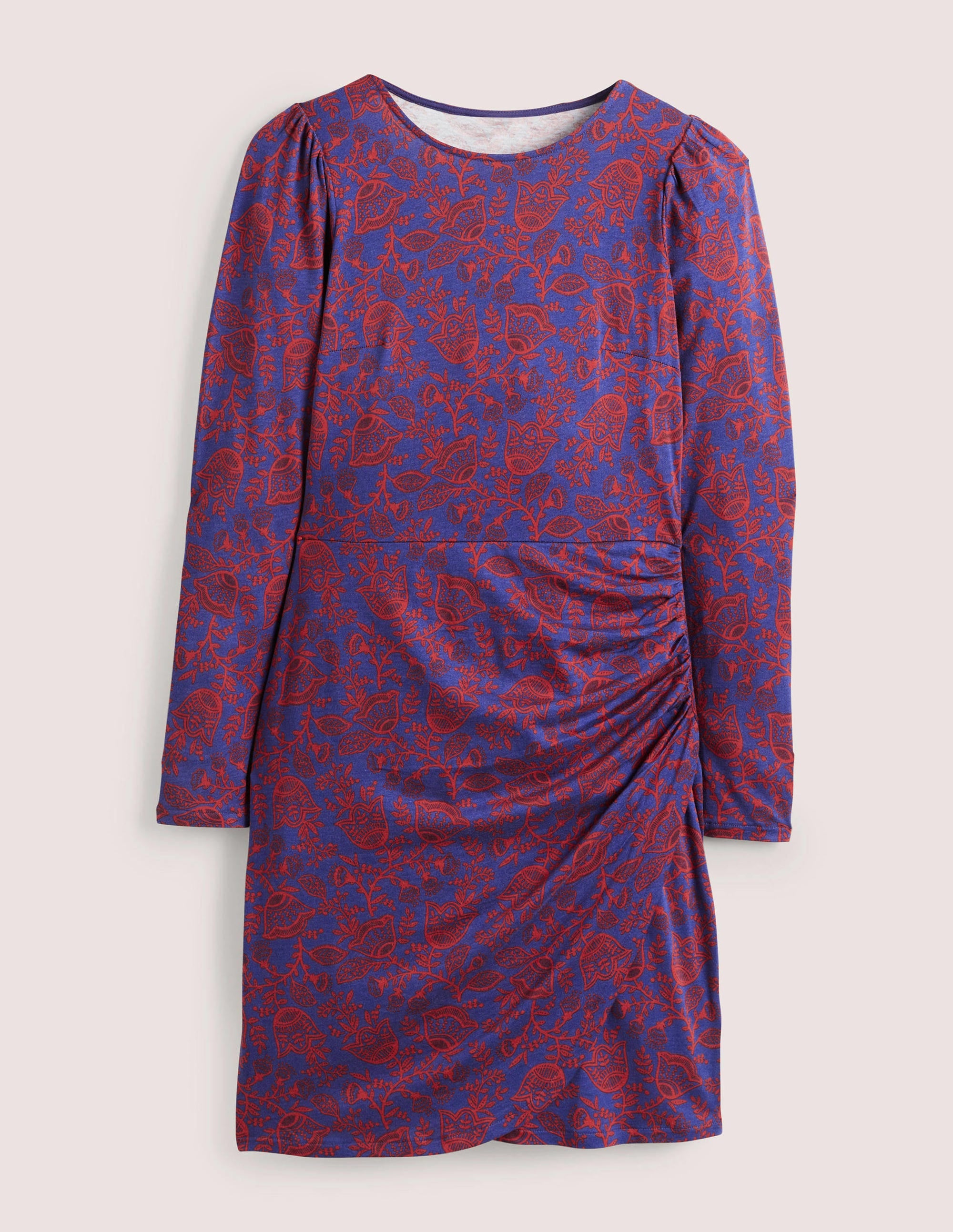 Gerafftes Midikleid aus Jersey-Marineblau, Tulpenranken - Image 5