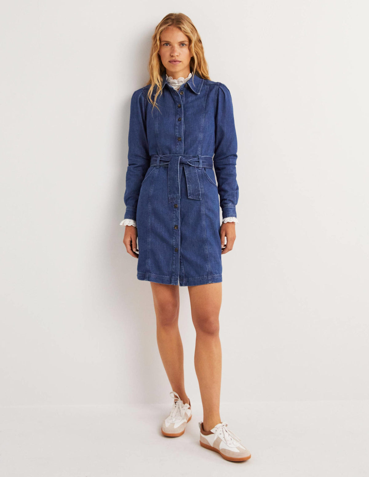 Denim-Minikleid mit Puffärmeln-Mittleres Vintageblau-1