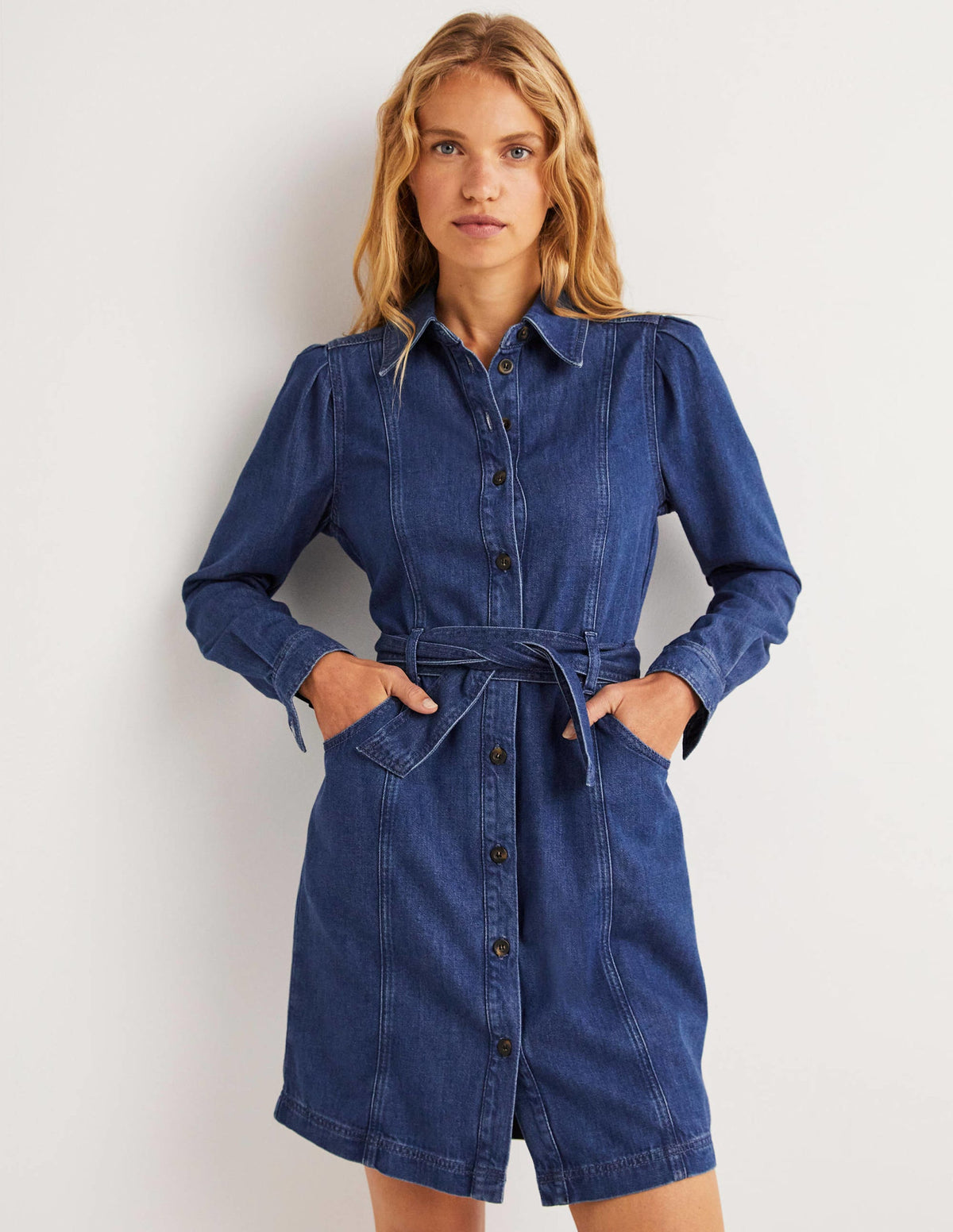Denim-Minikleid mit Puffärmeln-Mittleres Vintageblau-2