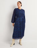 Robe midi plissée-Bleu perse, motif Painterly Stroke