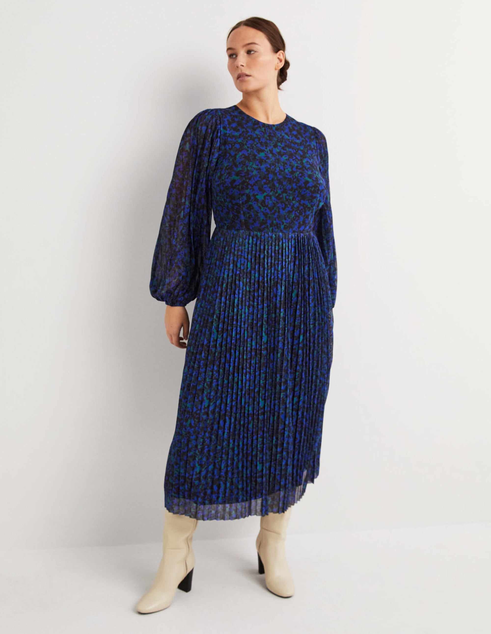 Robe midi plissée-Bleu perse, motif Painterly Stroke - Image 1