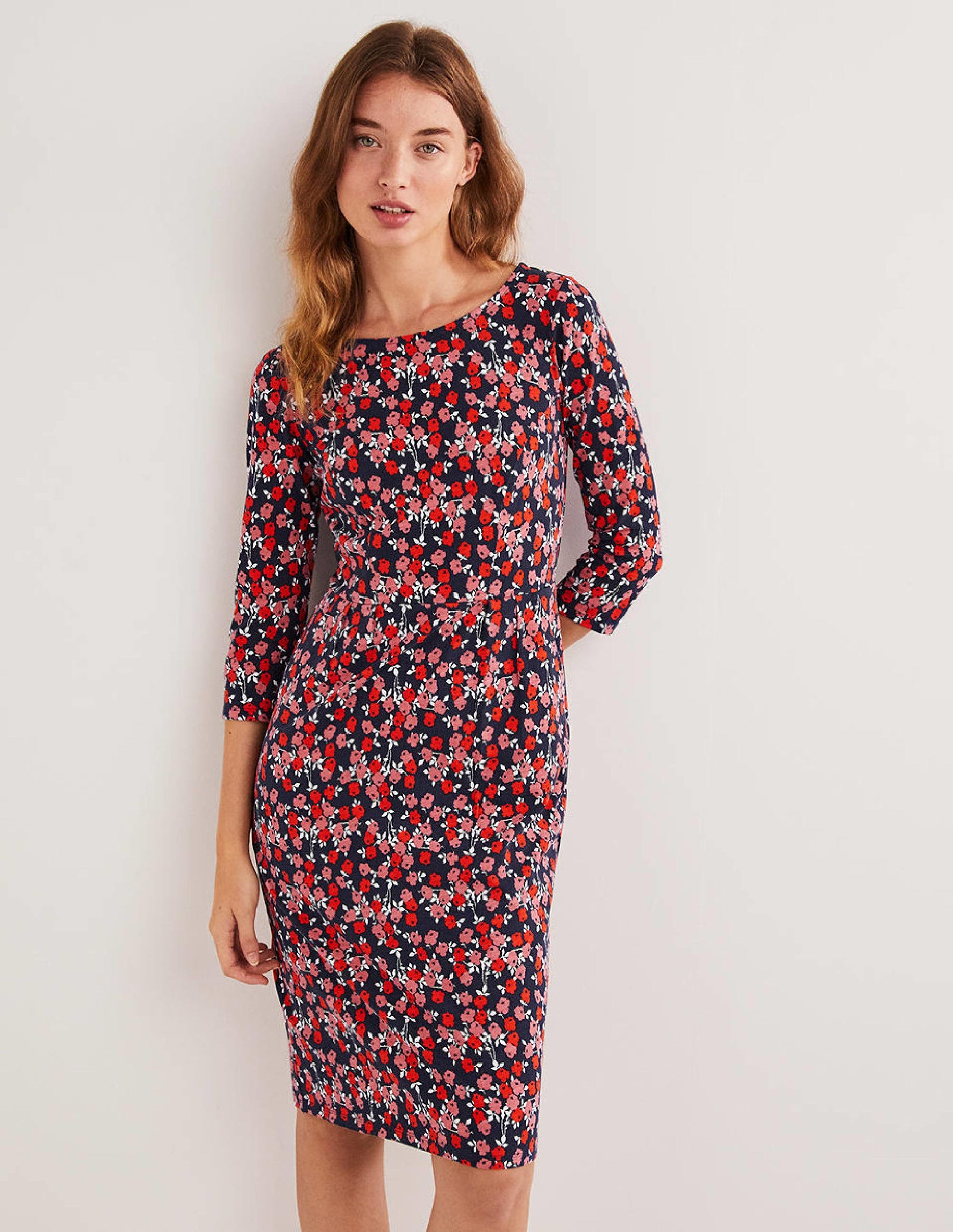 Robe Penny en jersey-Rouge cerise, motif Abstract Sprig-1