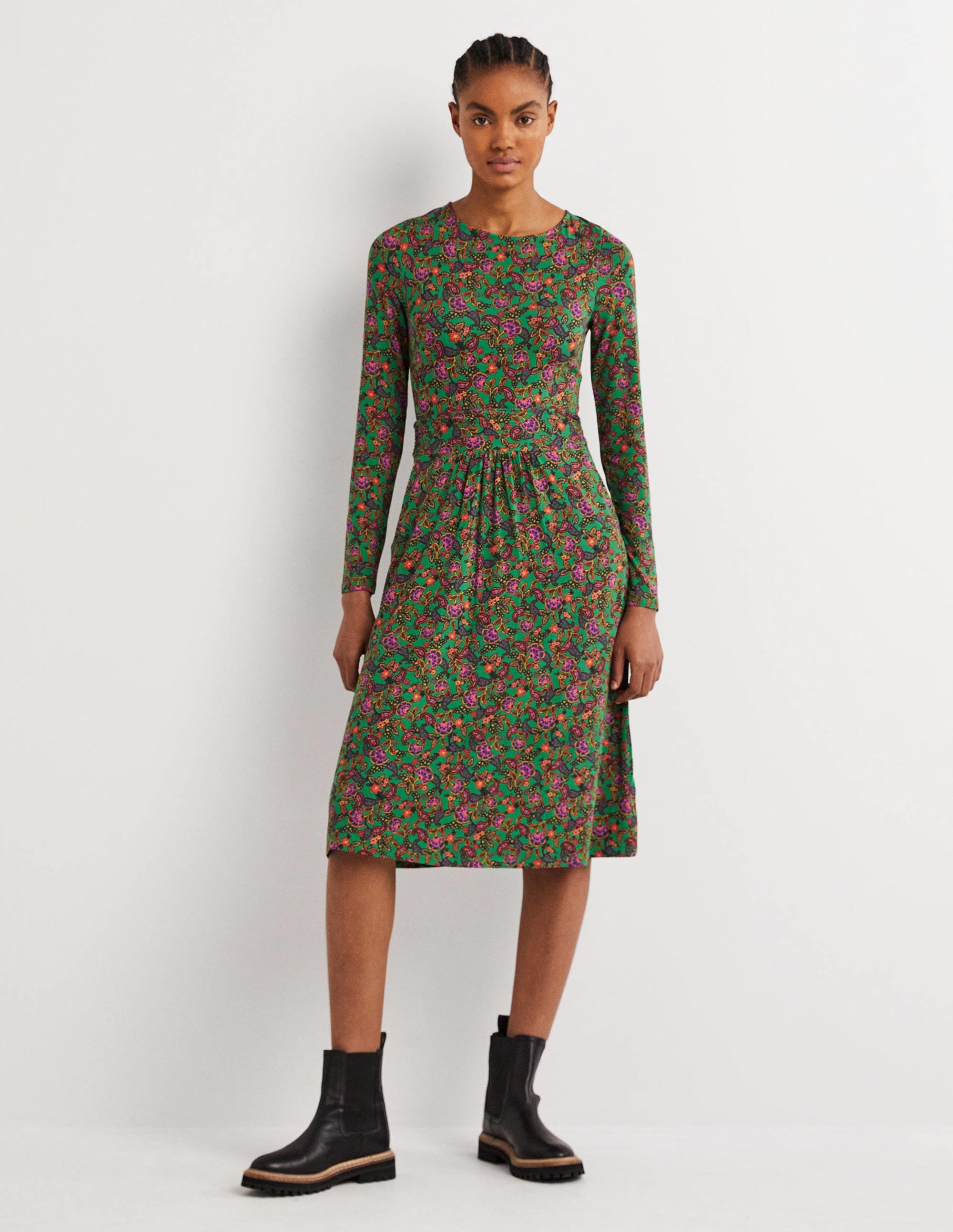Robe Abigail en jersey-Vert des Highlands, motif floral exotique - Image 1