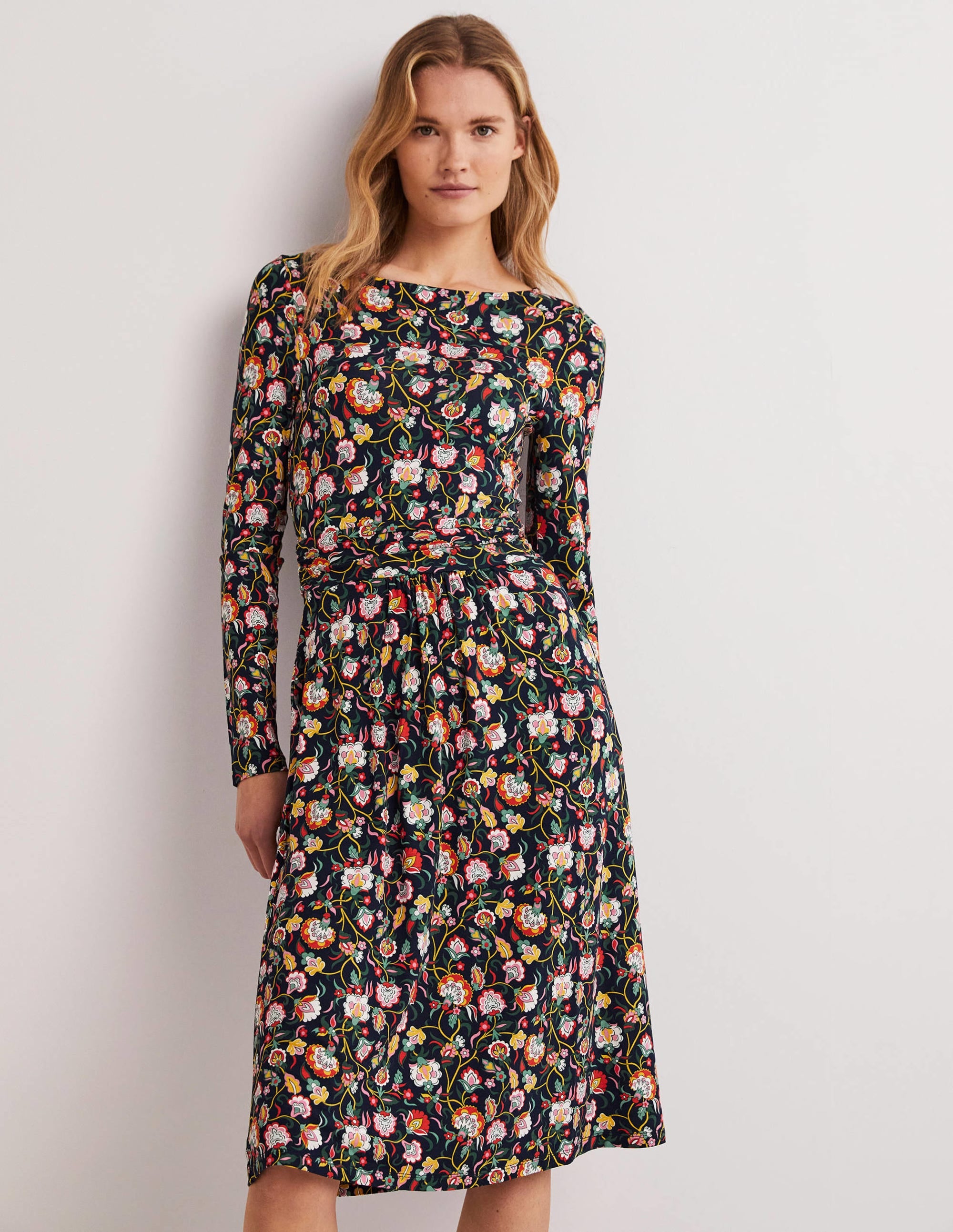 Robe Abigail en jersey-Bleu marine foncé, motif Opulent Floral - Image 1