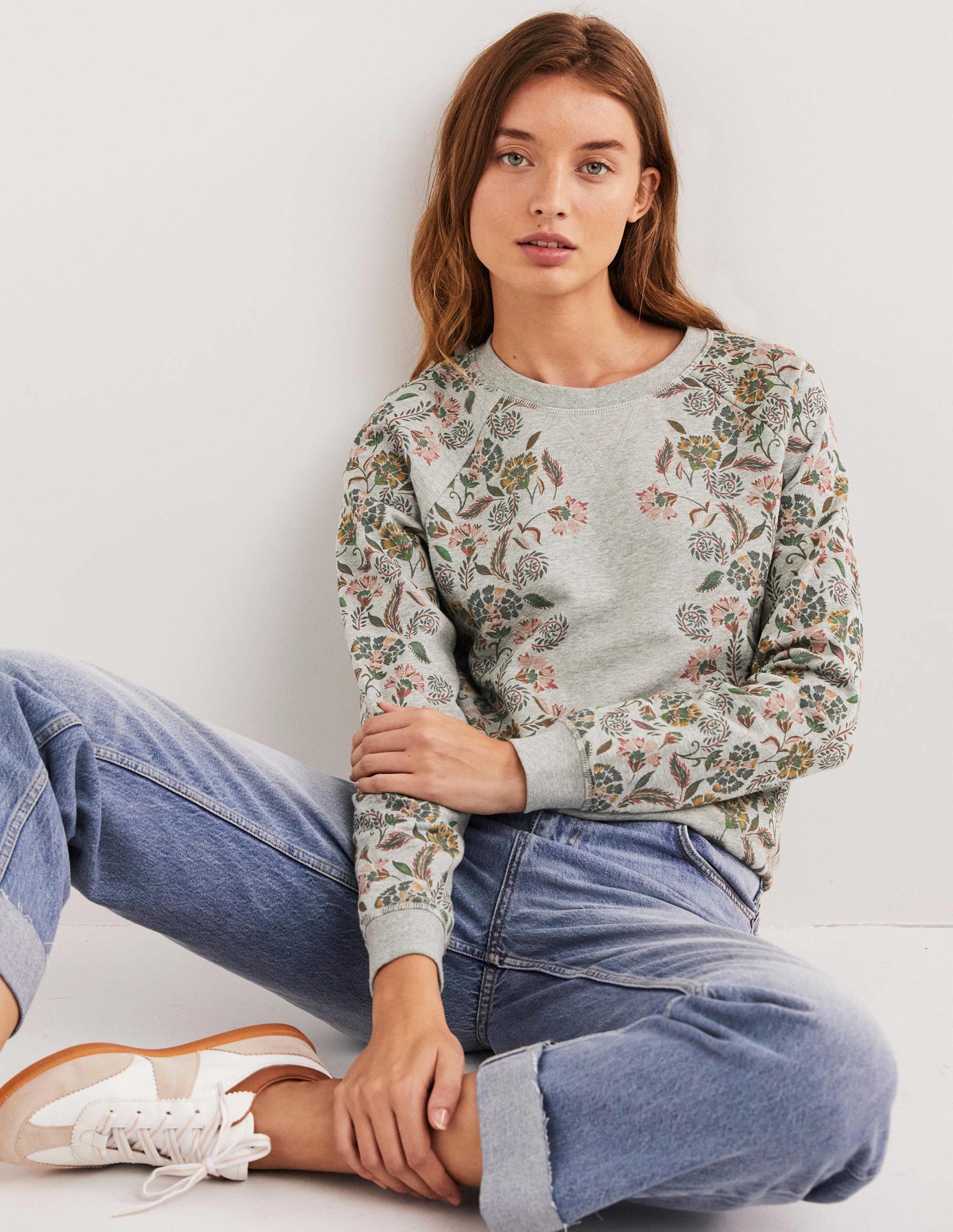 Gemustertes Sweatshirt aus Baumwolle-Grau Meliert, Blütenmuster-1