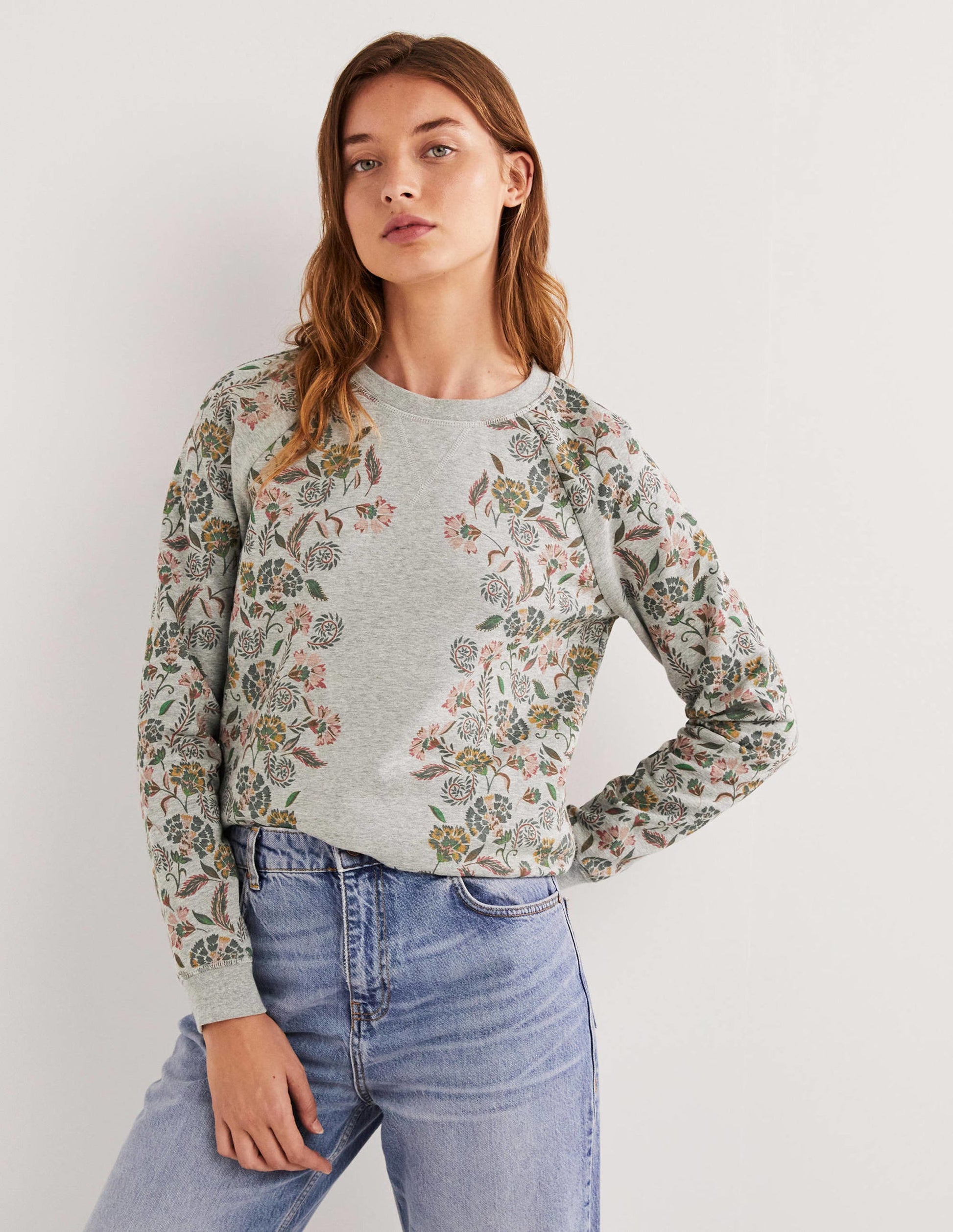 Gemustertes Sweatshirt aus Baumwolle-Grau Meliert, Blütenmuster-4