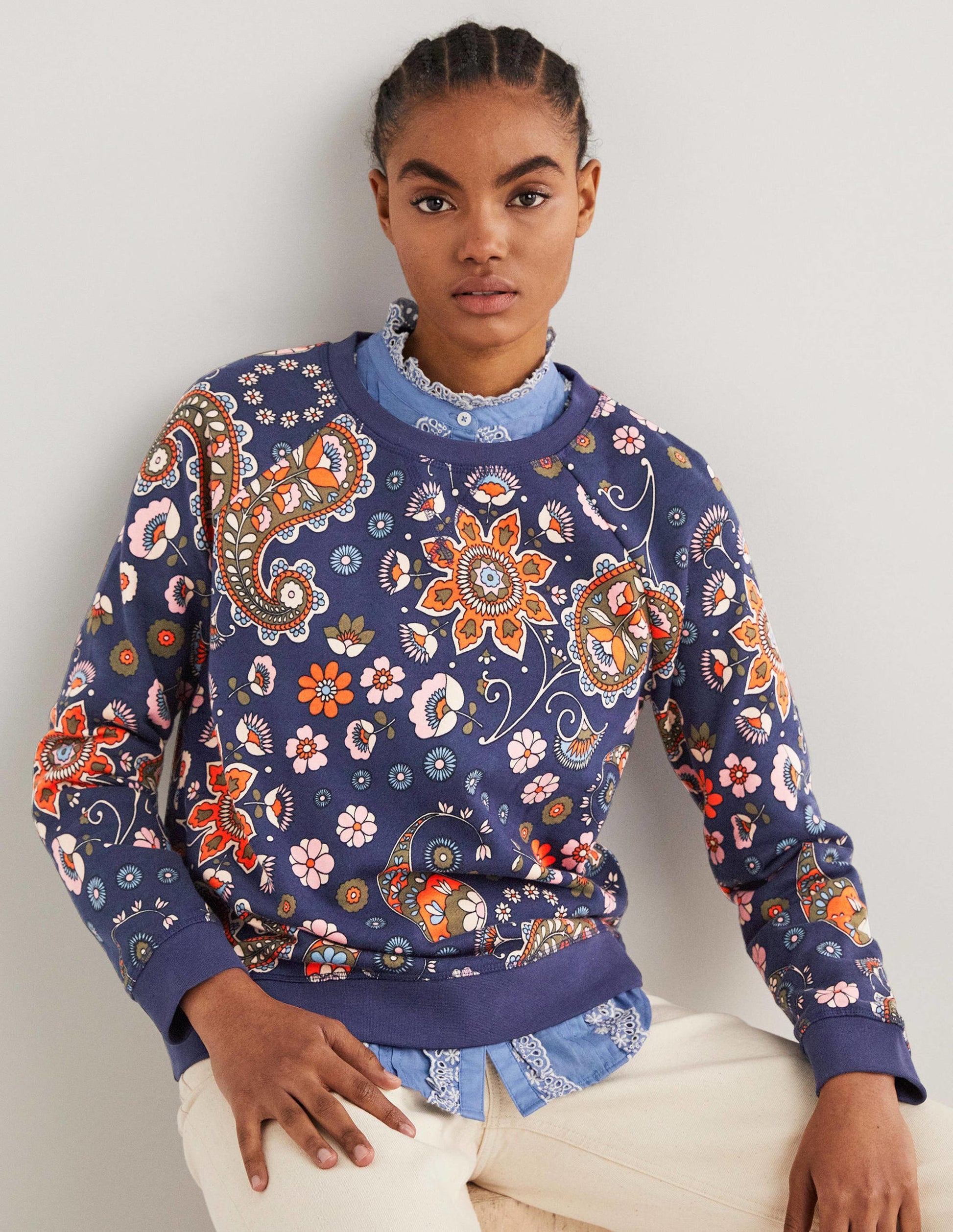 Printed Cotton Sweatshirt-French Navy, Passion Flower-4