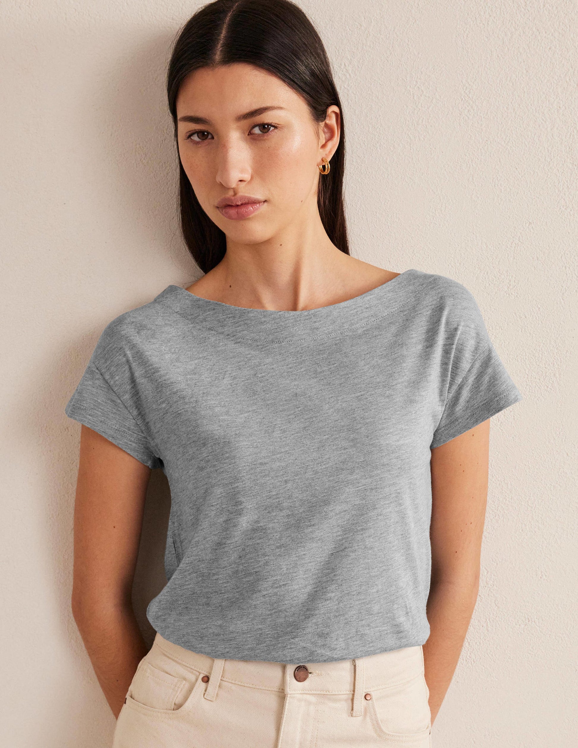 Superweiches T-Shirt mit U-Boot-Ausschnitt-Grau Meliert-1