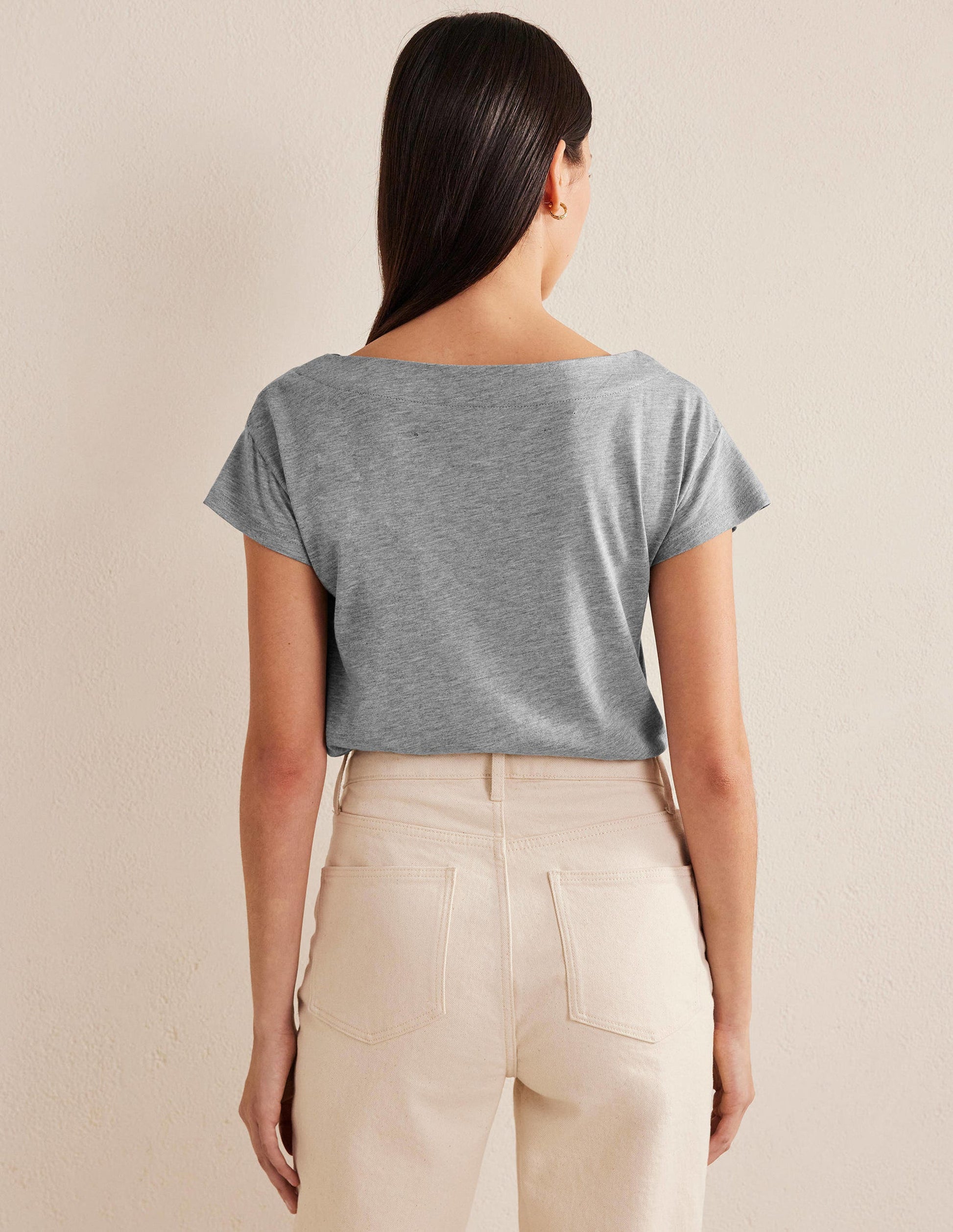 Superweiches T-Shirt mit U-Boot-Ausschnitt-Grau Meliert-3