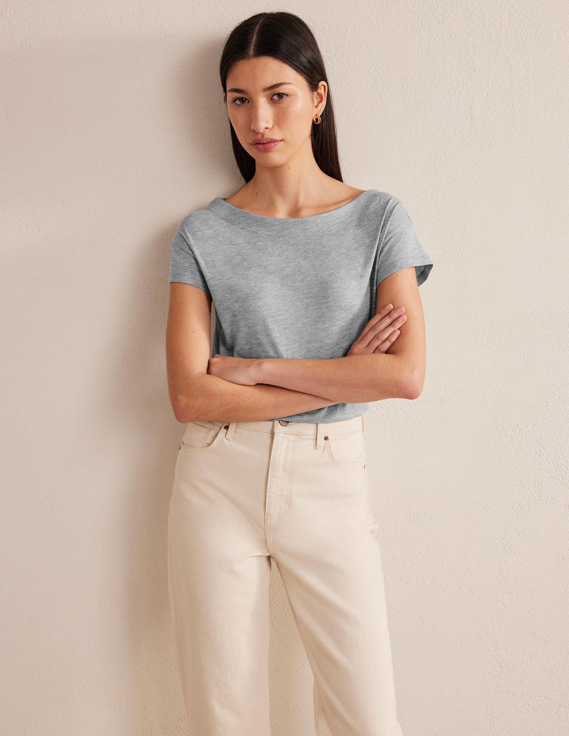 Superweiches T-Shirt mit U-Boot-Ausschnitt-Grau Meliert-4