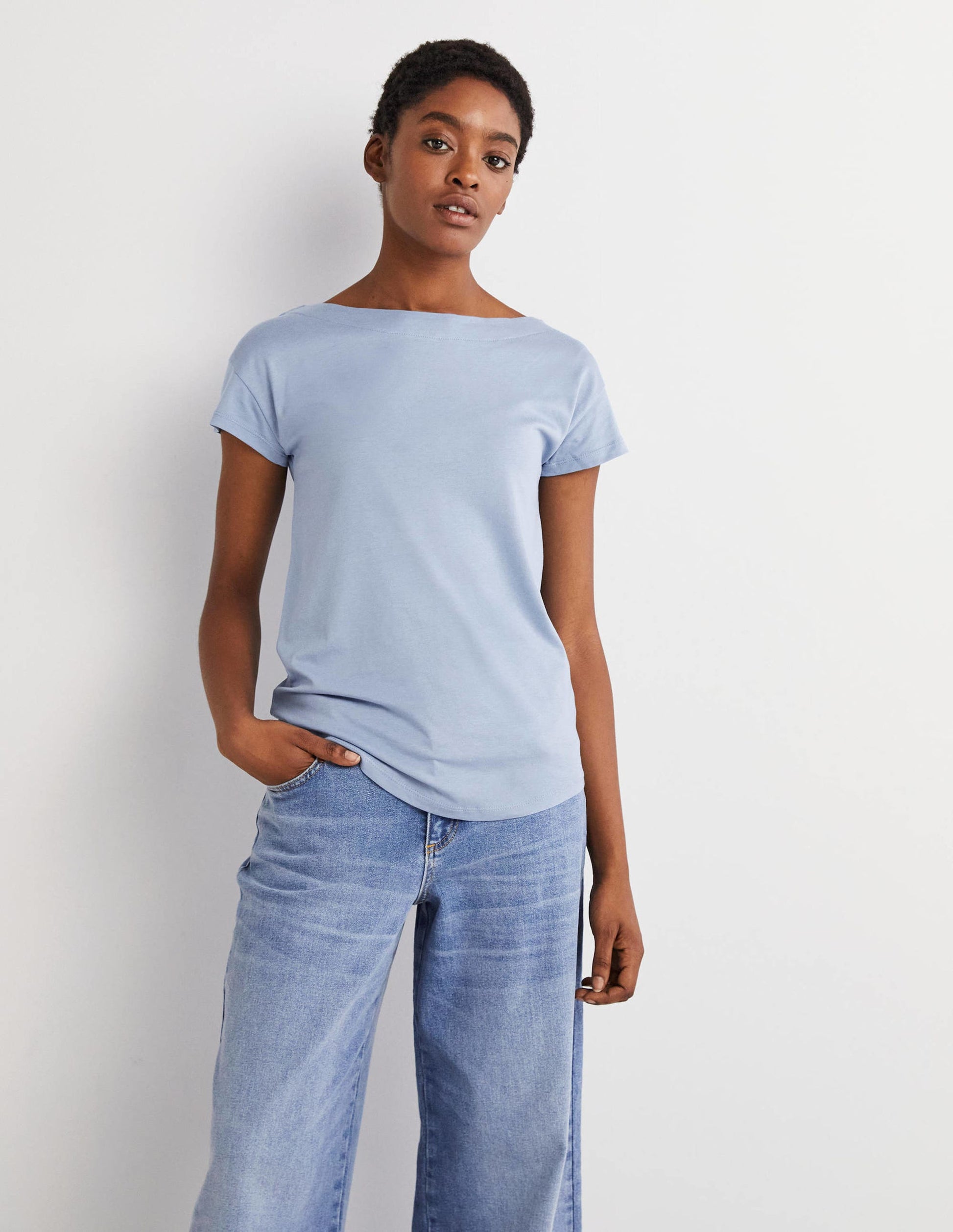 Superweiches T-Shirt mit U-Boot-Ausschnitt-Graublau-4