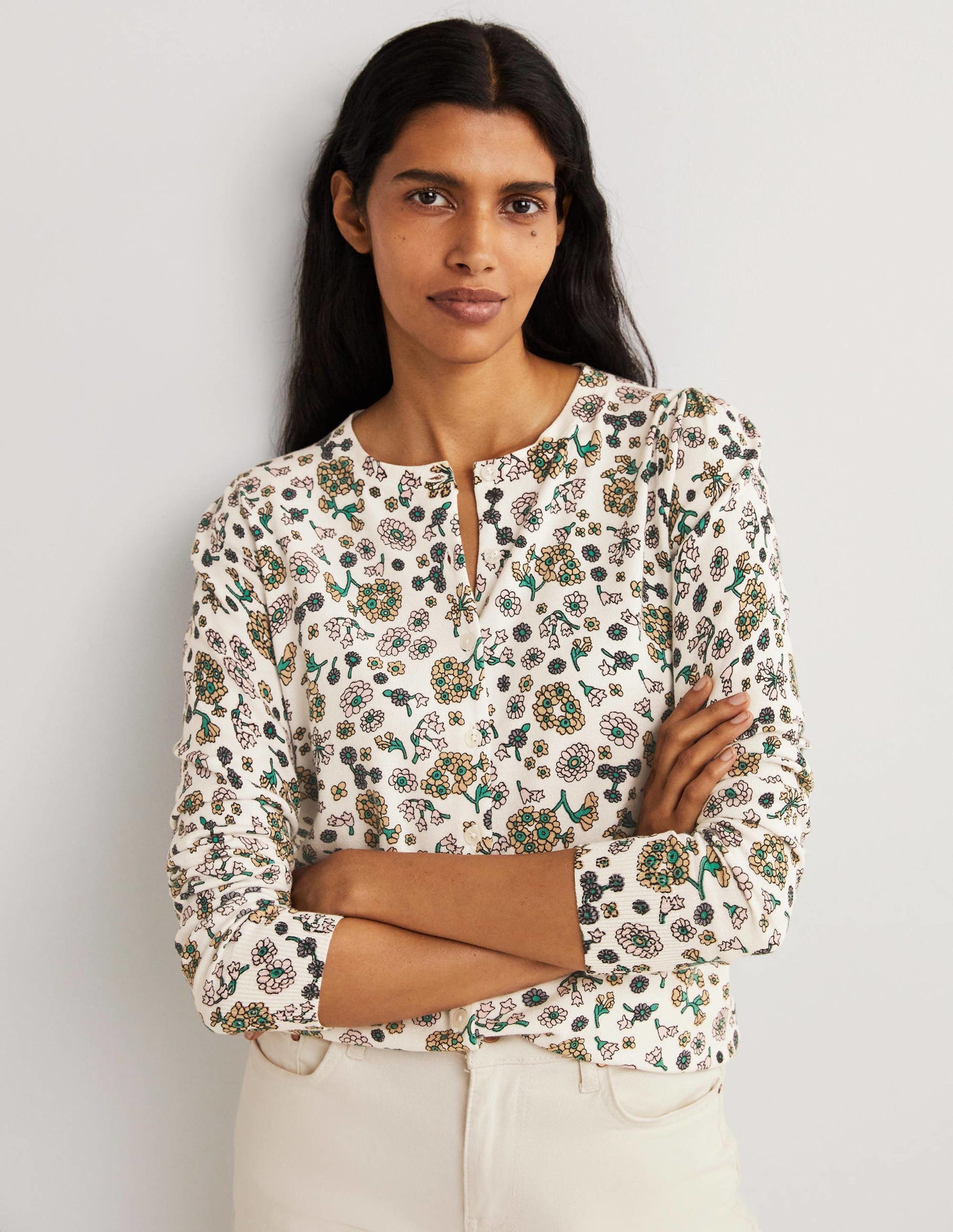Cotton Crew Neck Cardigan-Ivory, Ditsy Charm-1