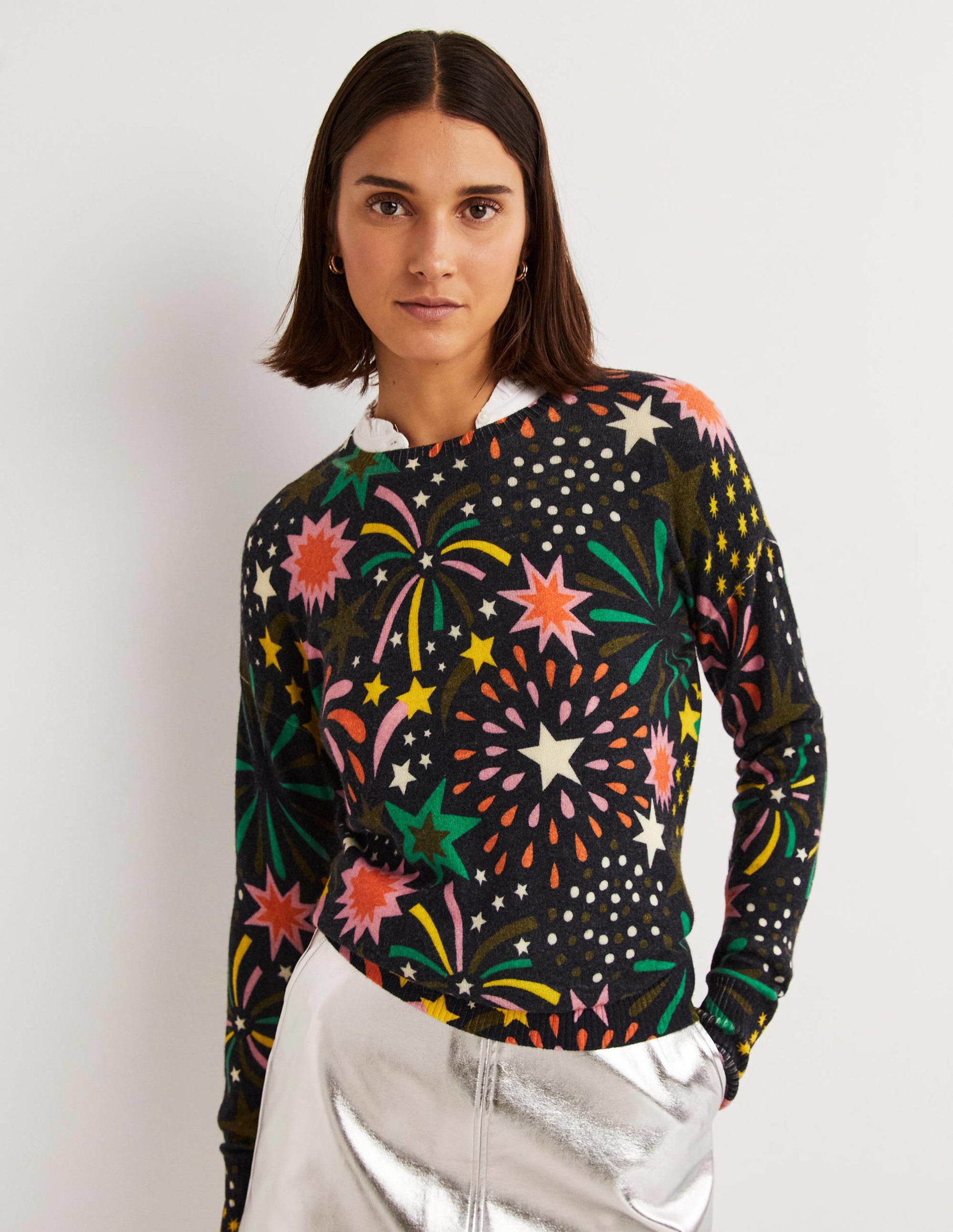 Margot Cashmere Jumper-French Navy, Firework Bloom-1