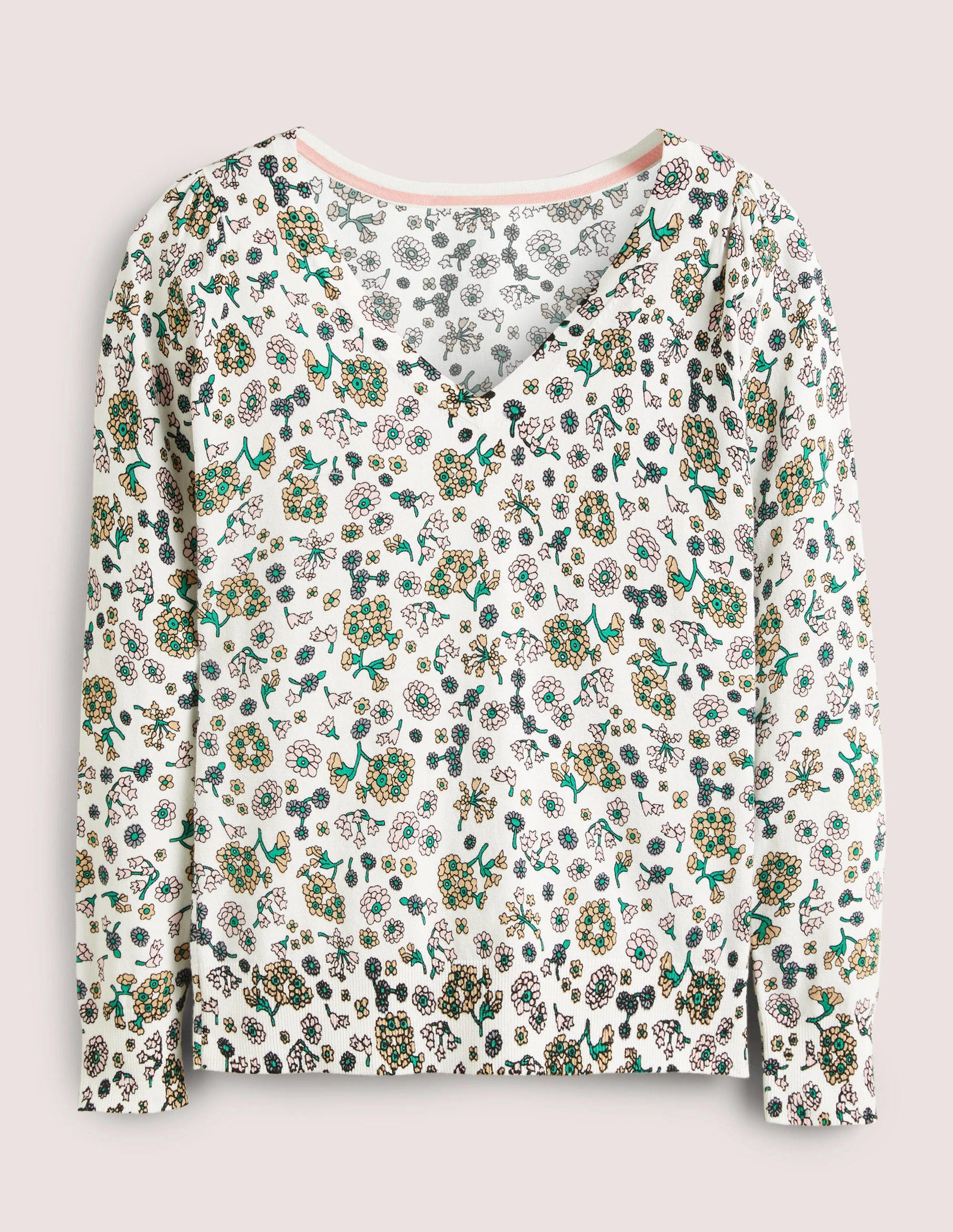 Baumwollpullover mit V-Ausschnitt-Naturweiß, Filigranes Blumenmuster-6