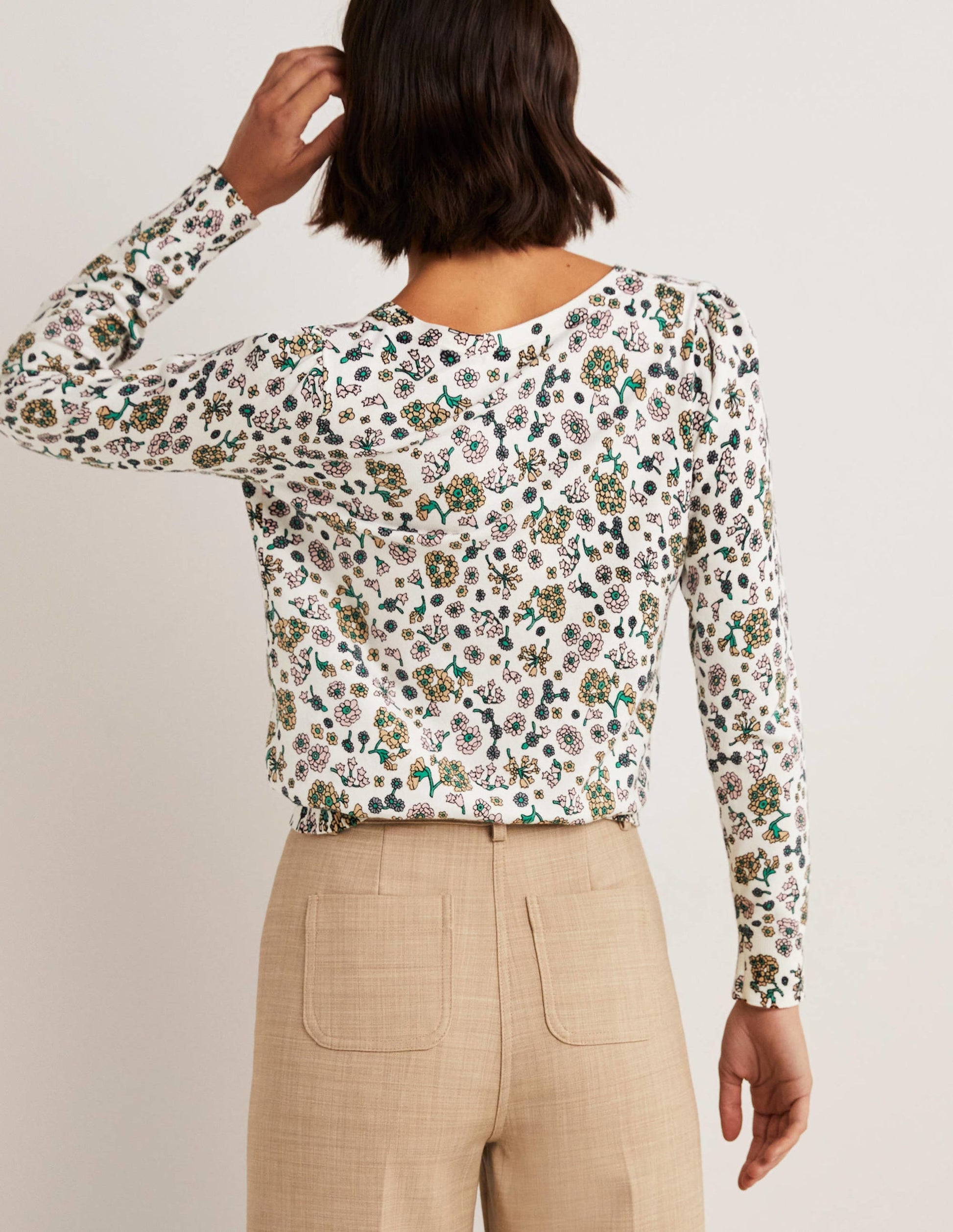 Baumwollpullover mit V-Ausschnitt-Naturweiß, Filigranes Blumenmuster-3