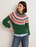 Flauschiger Pullover mit Blousonärmeln-Jägergrün, Fair-Isle-Muster