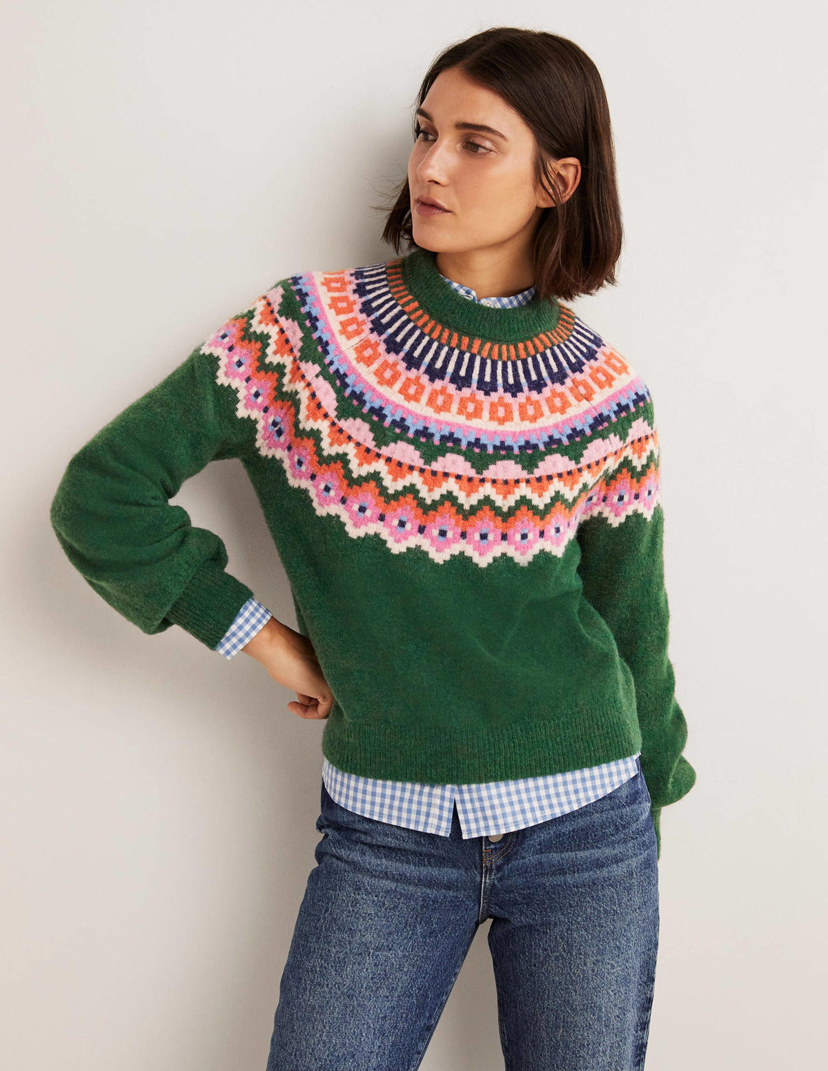 Flauschiger Pullover mit Blousonärmeln-Jägergrün, Fair-Isle-Muster - Image 1
