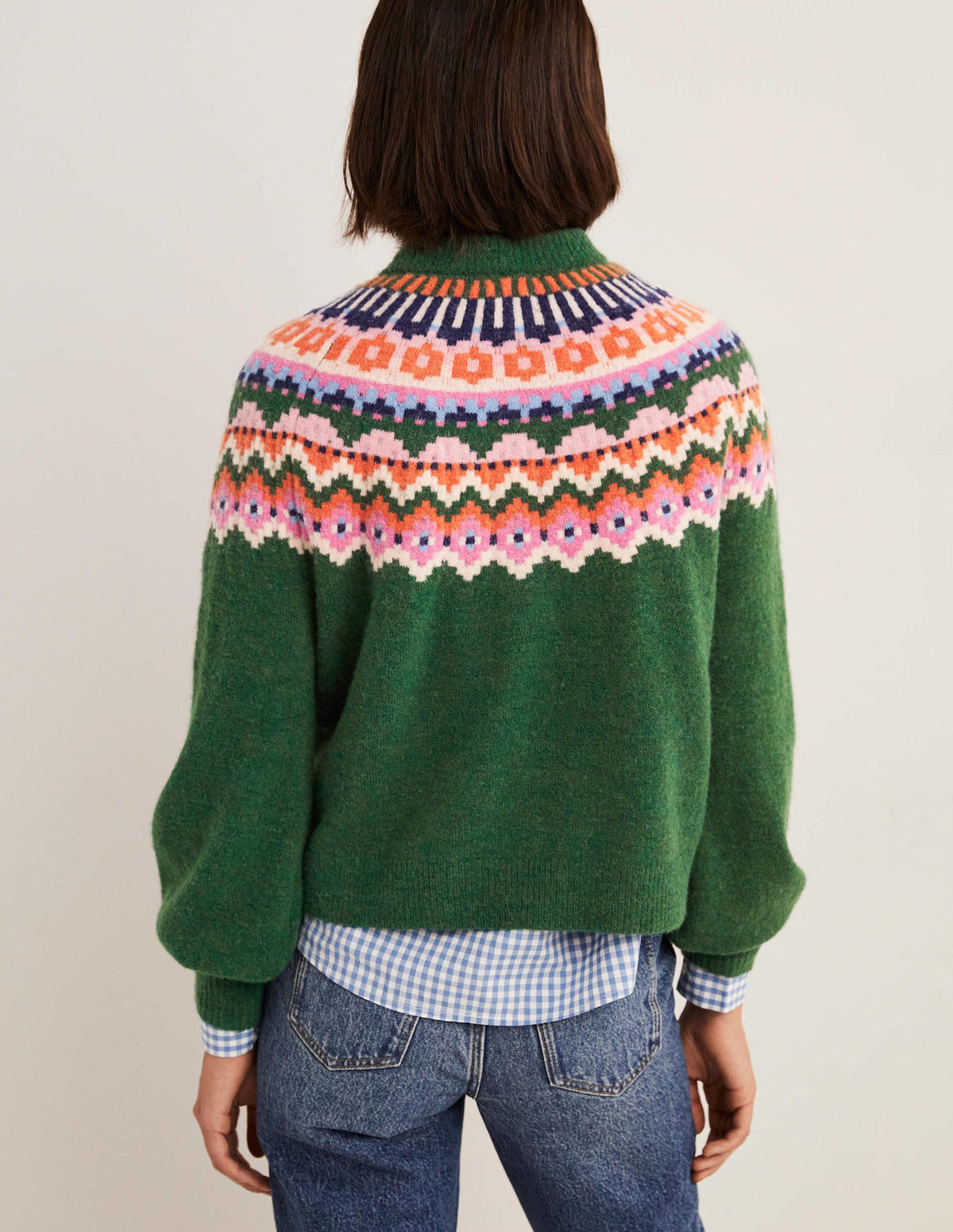 Flauschiger Pullover mit Blousonärmeln-Jägergrün, Fair-Isle-Muster-3