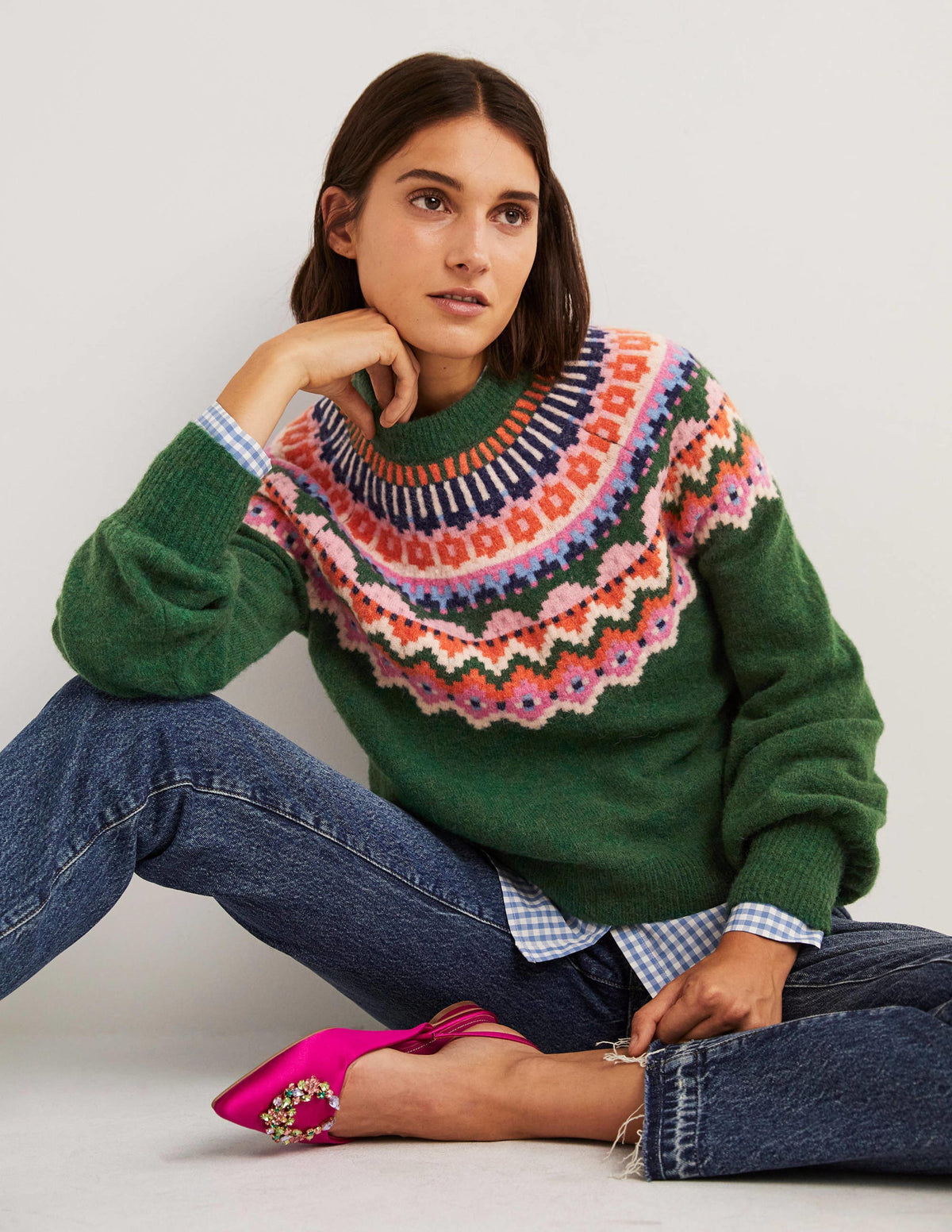 Flauschiger Pullover mit Blousonärmeln-Jägergrün, Fair-Isle-Muster - Image 4
