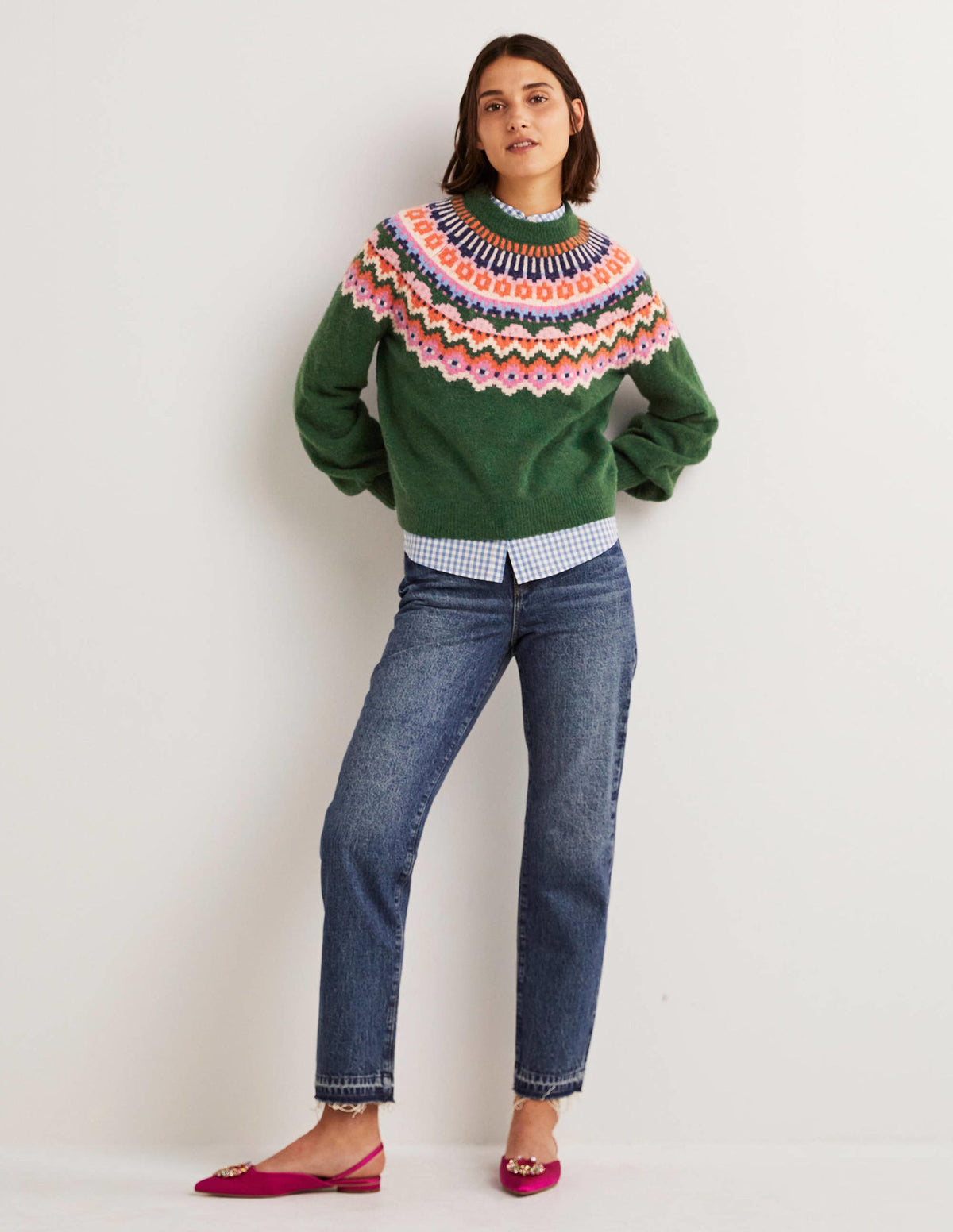 Flauschiger Pullover mit Blousonärmeln-Jägergrün, Fair-Isle-Muster - Image 5