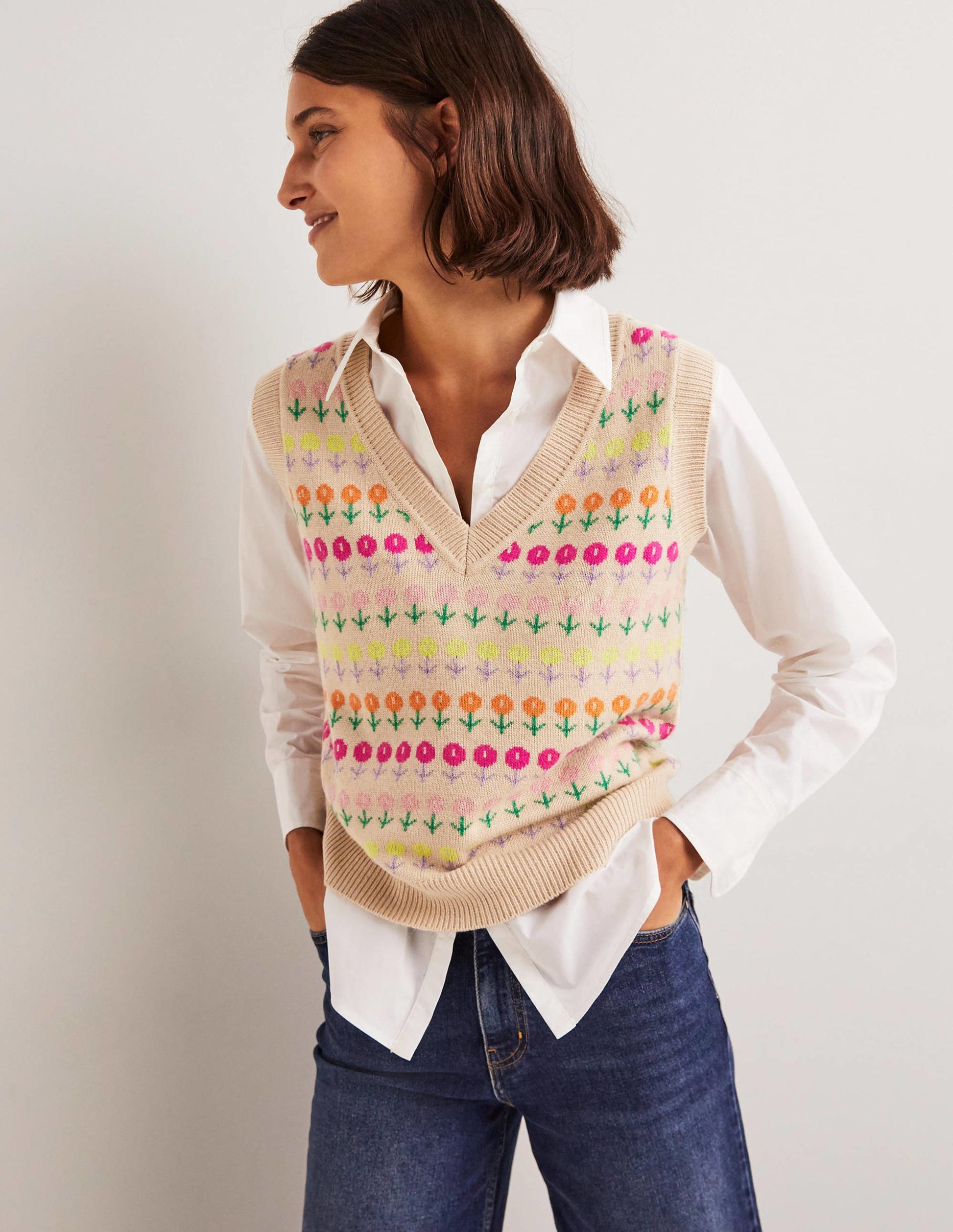 Strickpullunder mit V-Ausschnitt-Mausbraun Melange, Blumenmuster-1