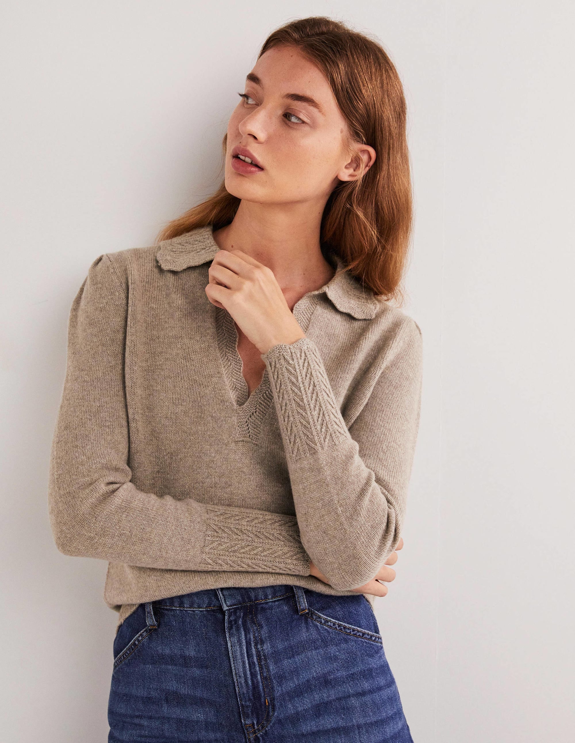 Kaschmirpullover mit Kragendetail-Nerzbraun Melange - Image 1