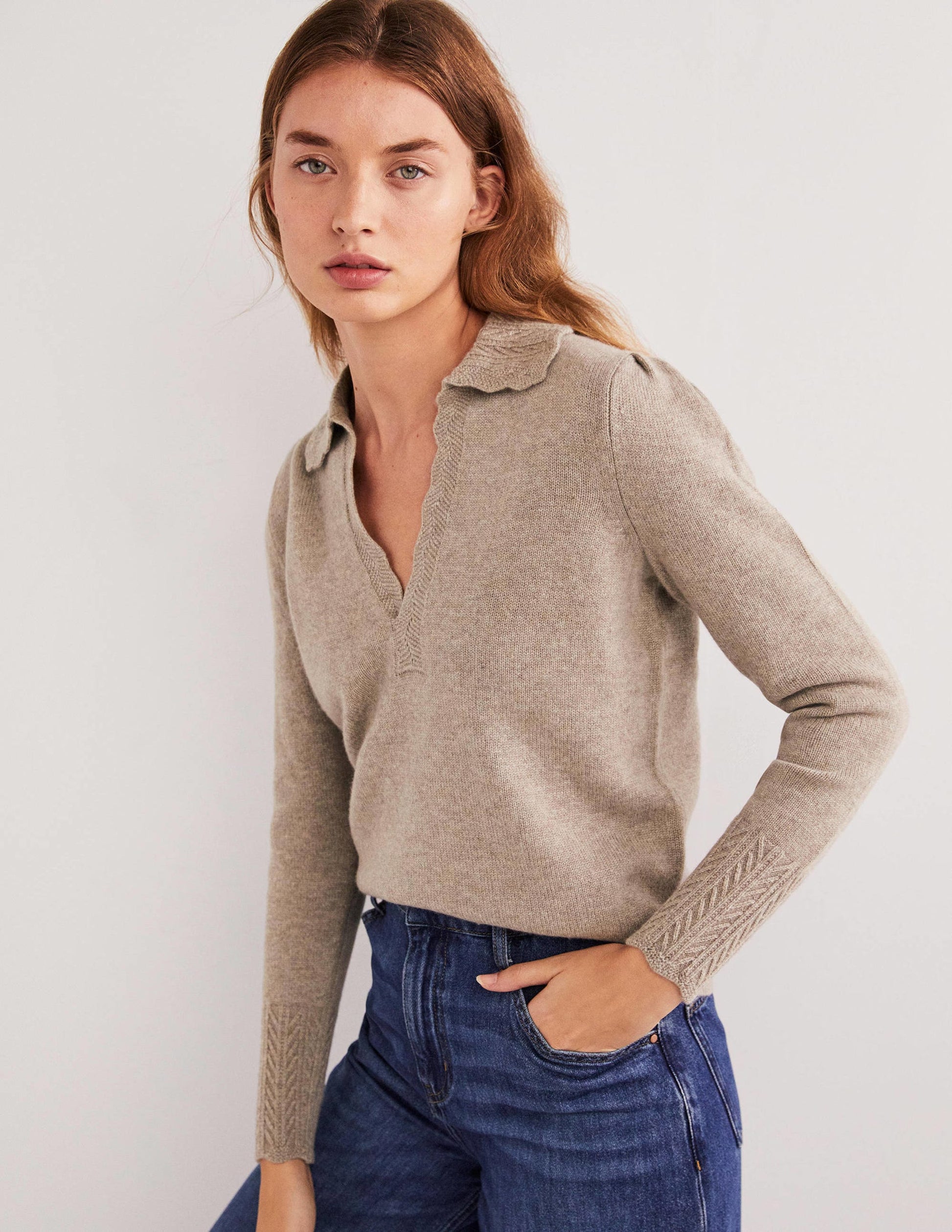 Kaschmirpullover mit Kragendetail-Nerzbraun Melange-4