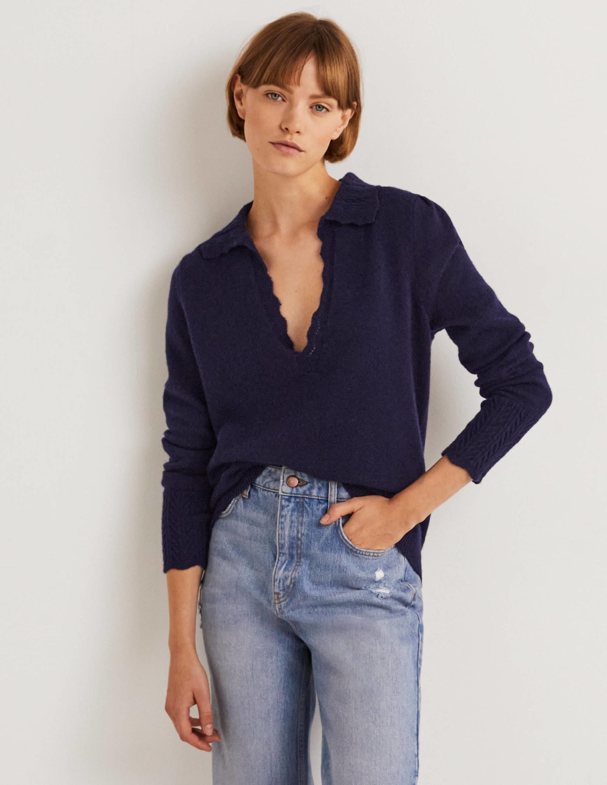Kaschmirpullover mit Kragendetail-Marineblau - Image 1