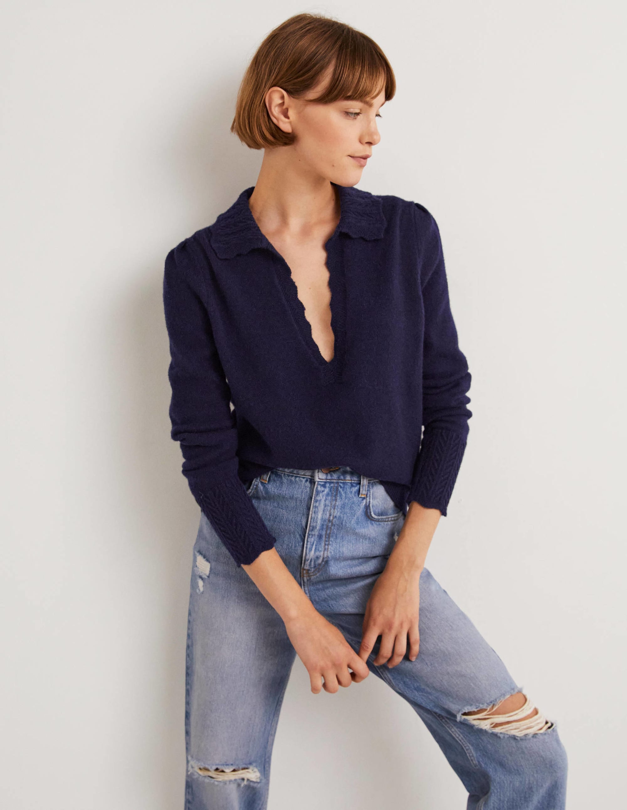 Kaschmirpullover mit Kragendetail-Marineblau - Image 4