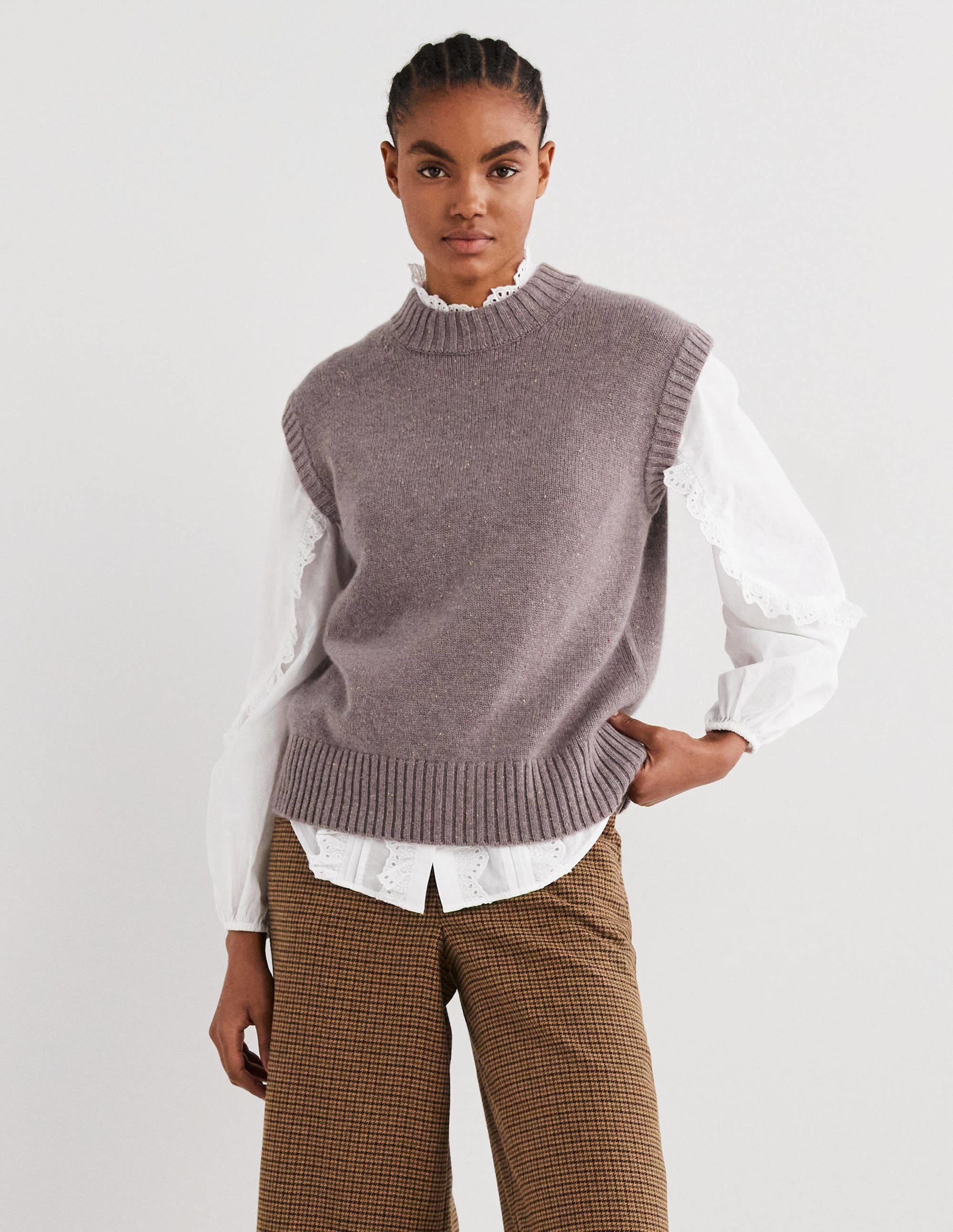 Chunky Cashmere Crew Neck Tank-Grey, Multi Nep - Image 1