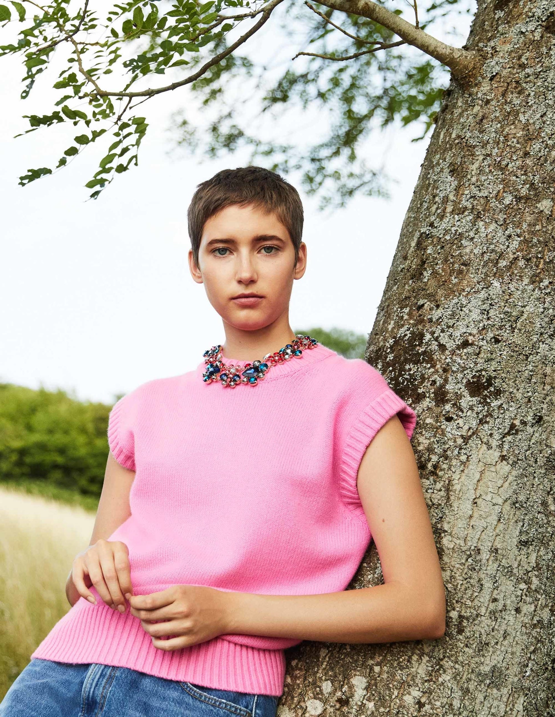 Chunky Cashmere Crew Neck Tank-Cherry Blossom Melange-6