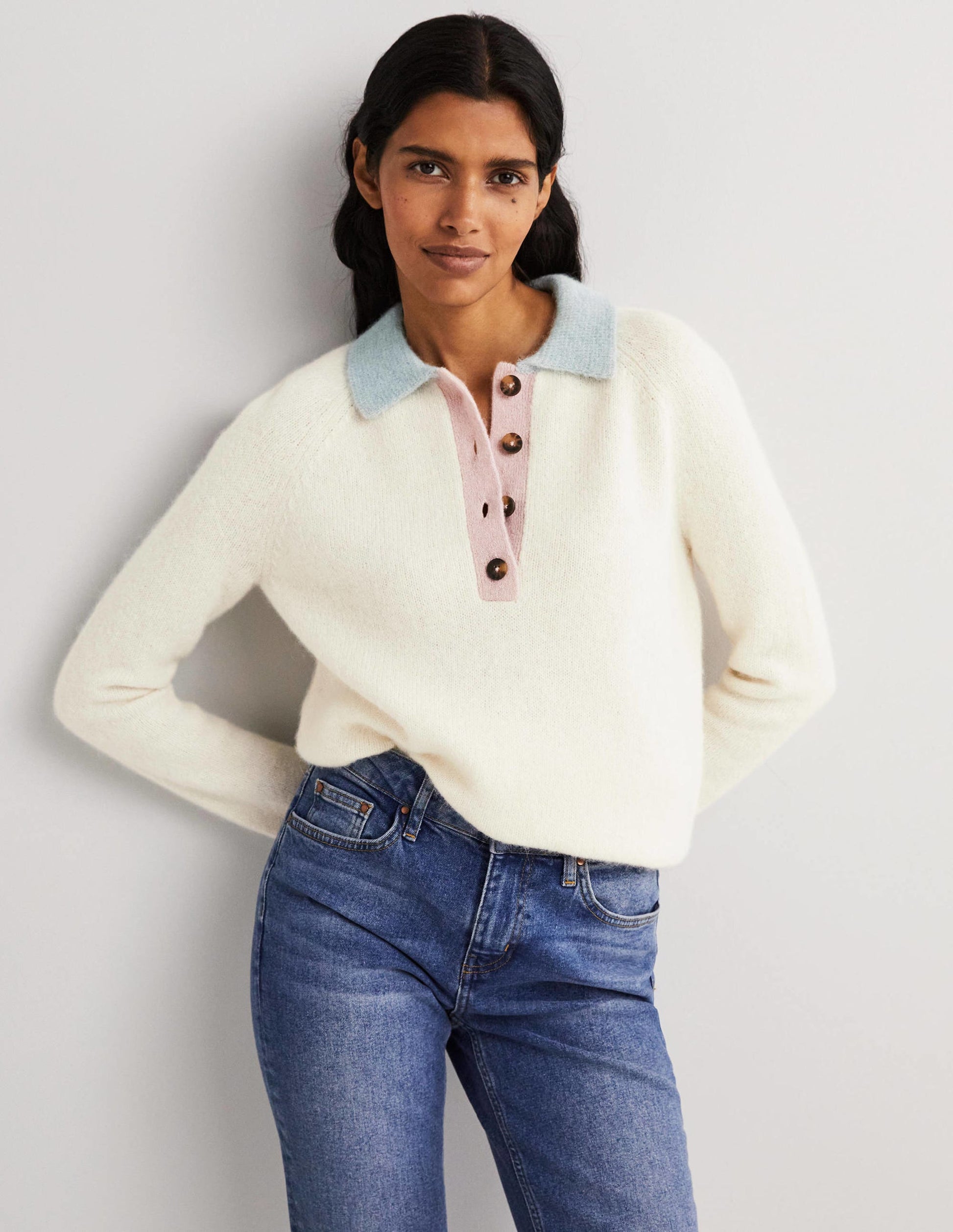Flauschiger Henley-Pullover-Naturweiß/Surfblau-1