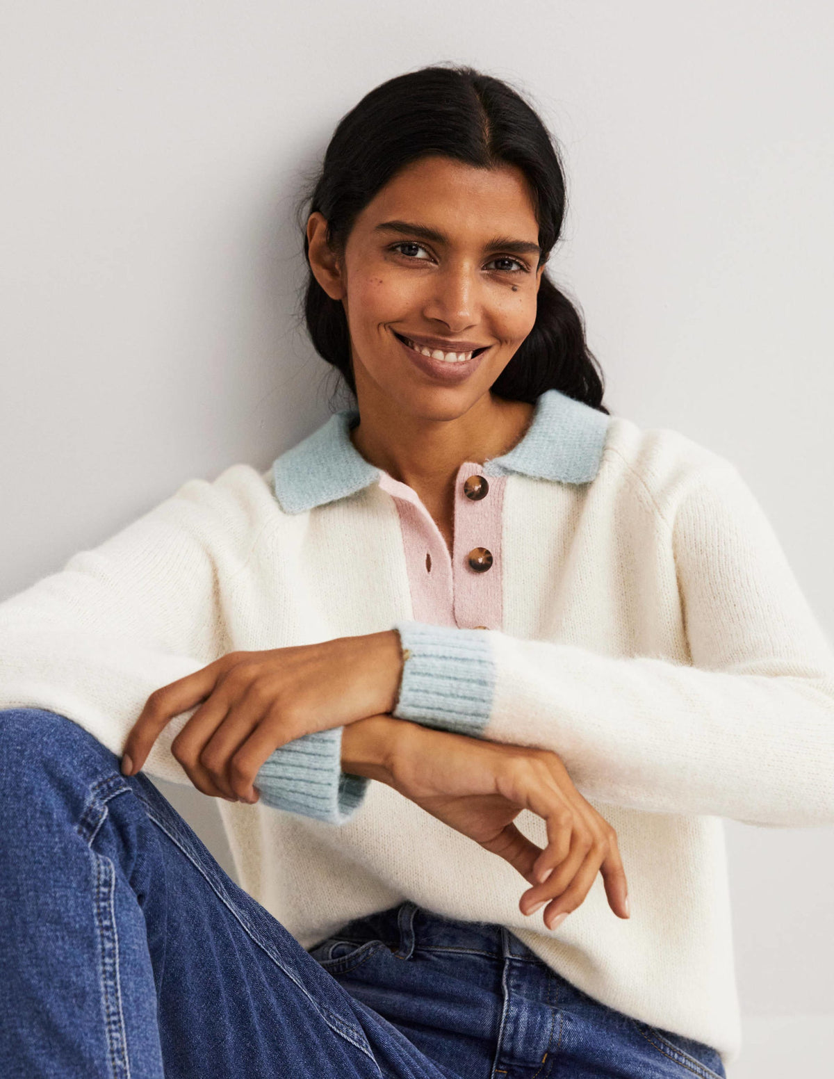 Flauschiger Henley-Pullover-Naturweiß/Surfblau - Image 4