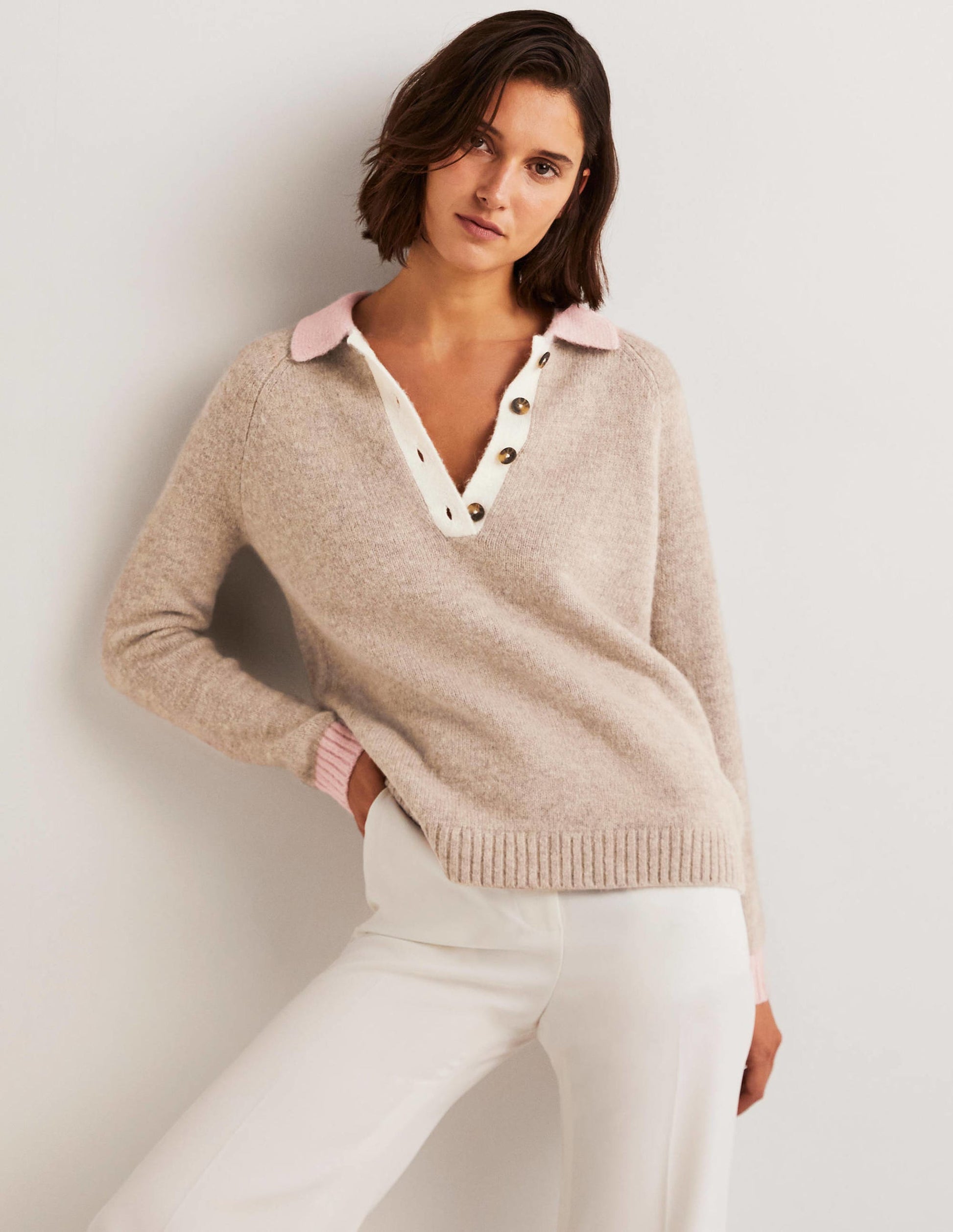 Fluffy Henley Jumper-Mink Melange, Pink Frosting-1