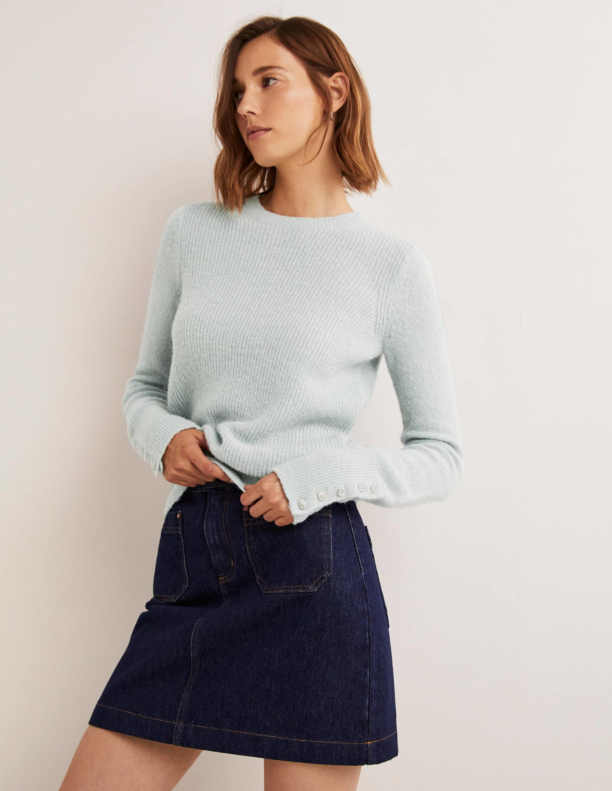 Pull duveteux à boutons ornementés-Bleu surf-1
