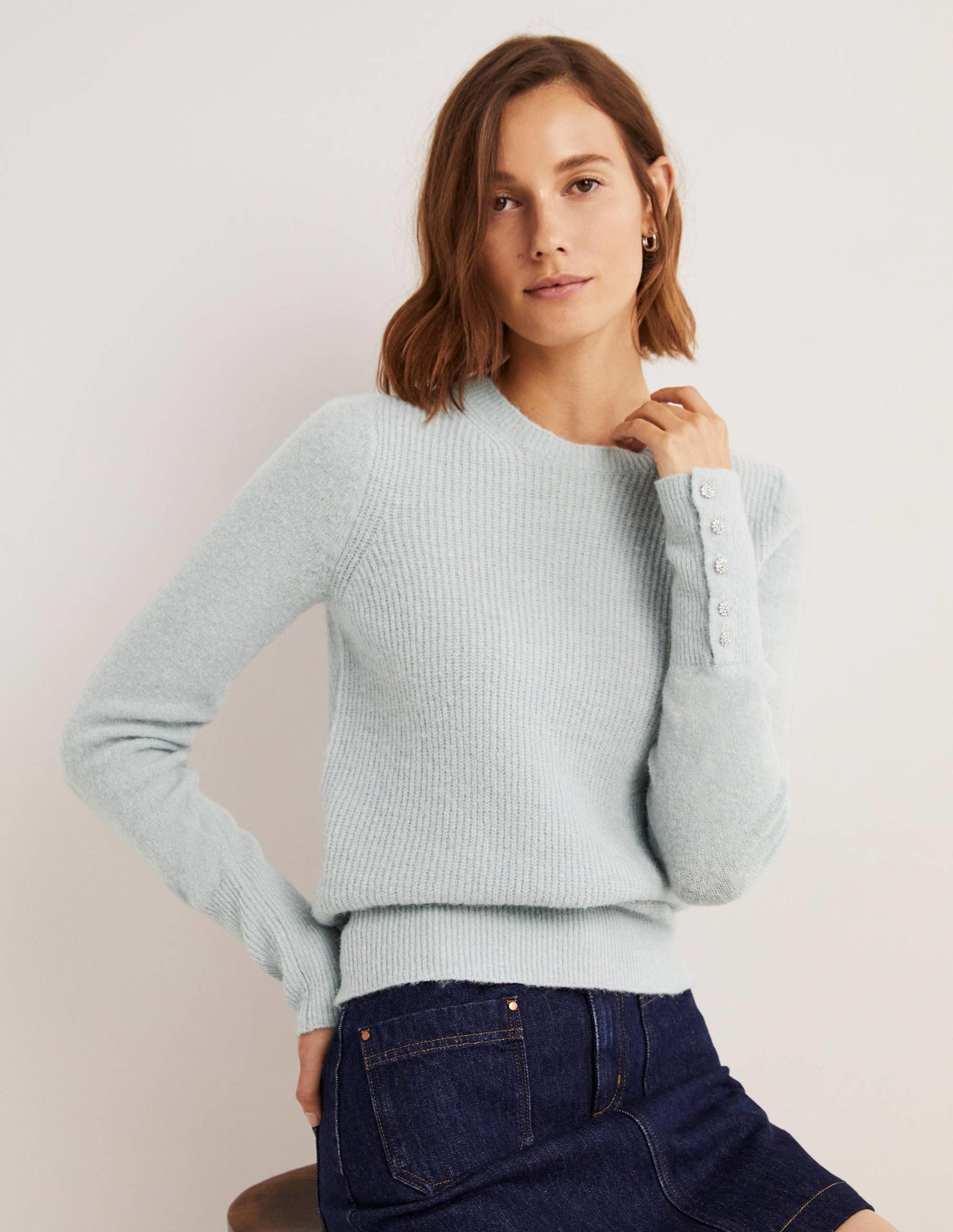 Pull duveteux à boutons ornementés-Bleu surf-4