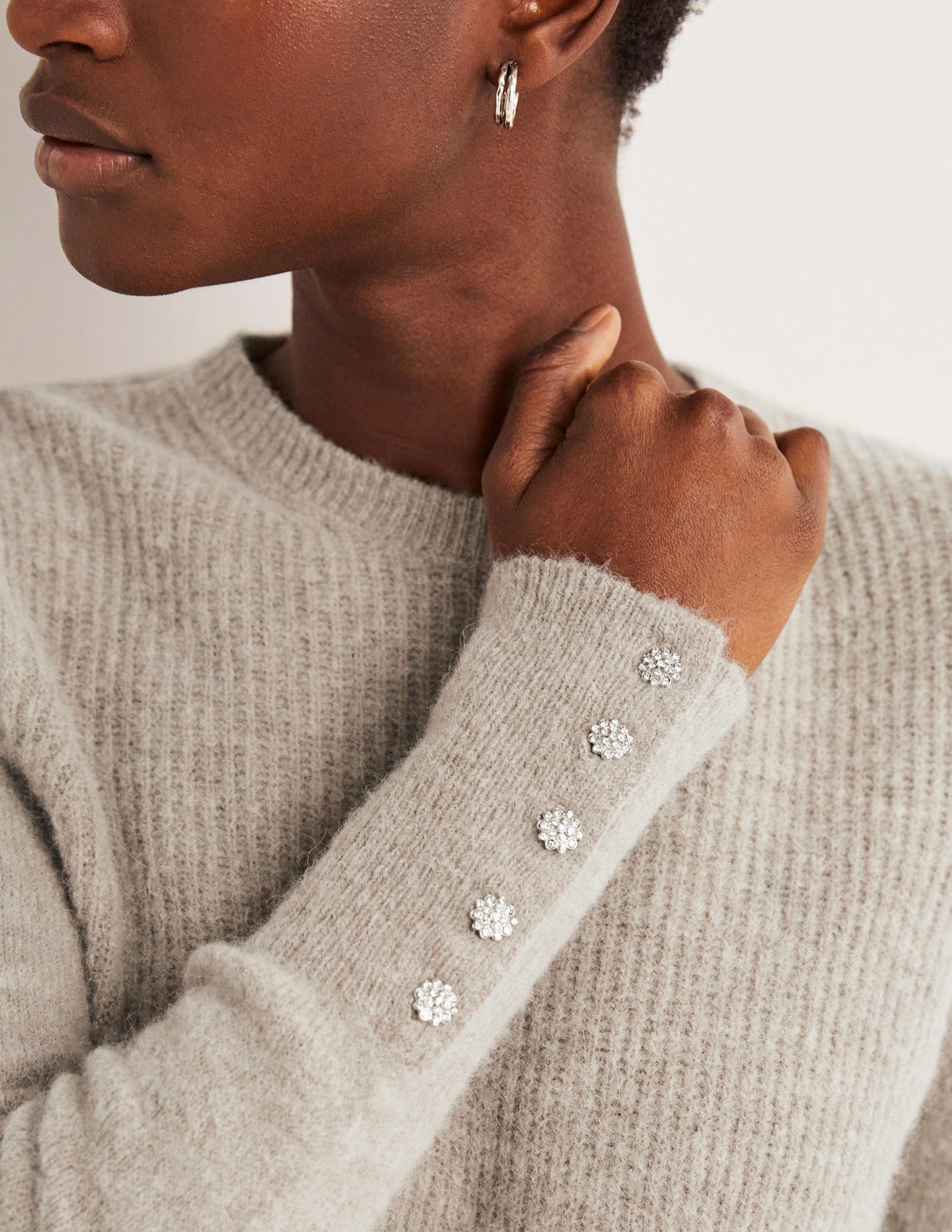 Pull duveteux à boutons ornementés-Taupe chiné - Image 2