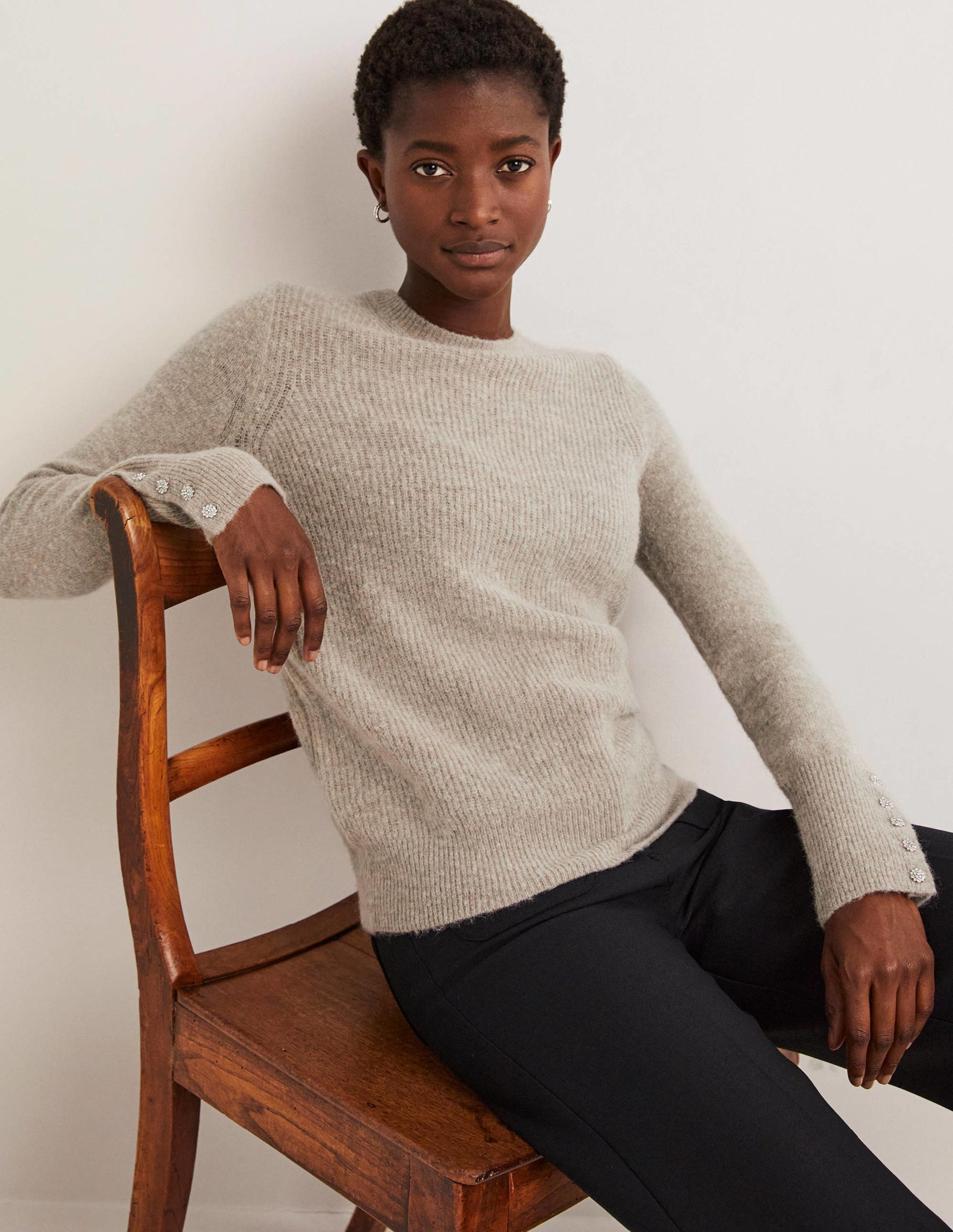 Pull duveteux à boutons ornementés-Taupe chiné-4