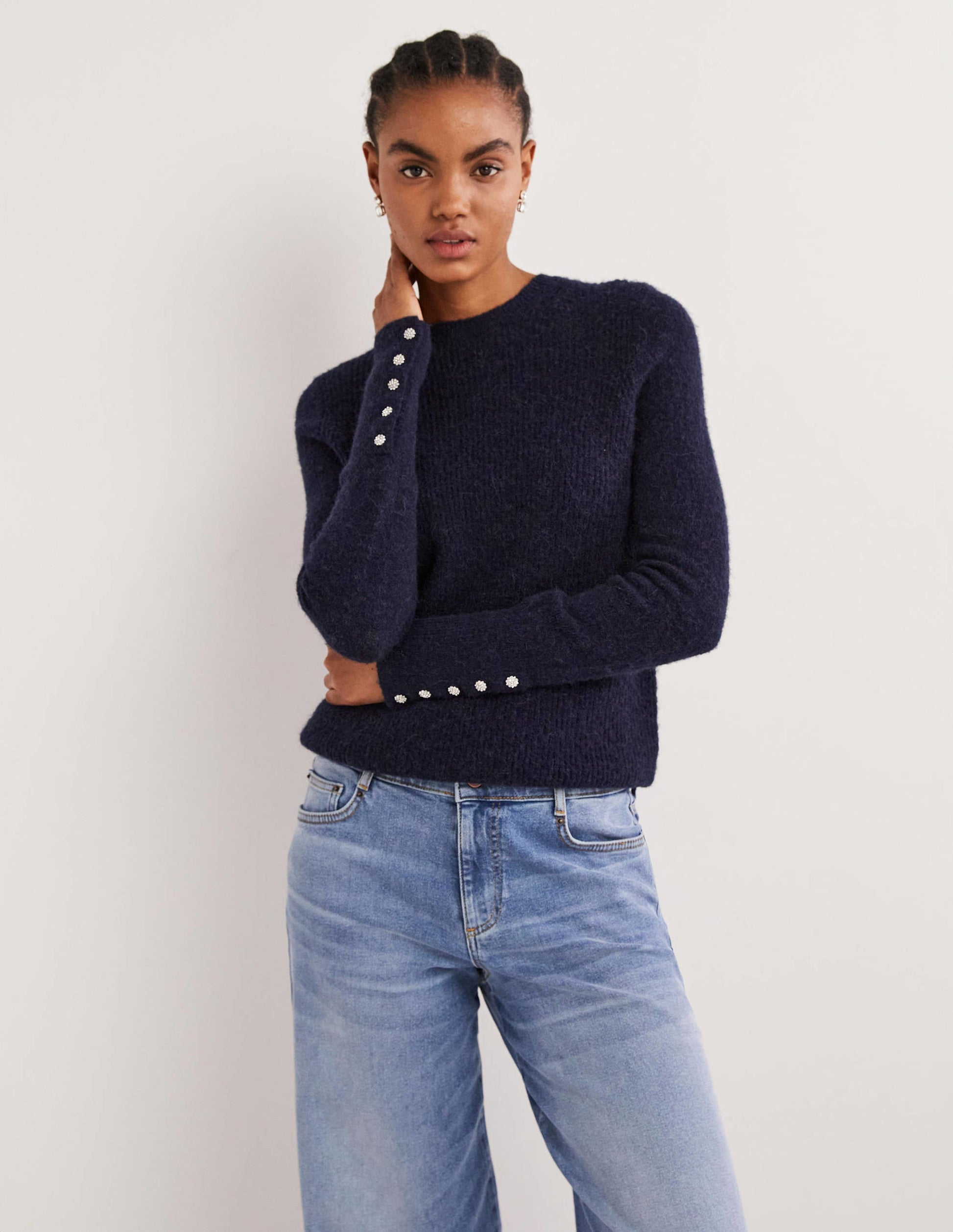 Navy Jewel Button Fluffy Jumper-Bleu marine-1