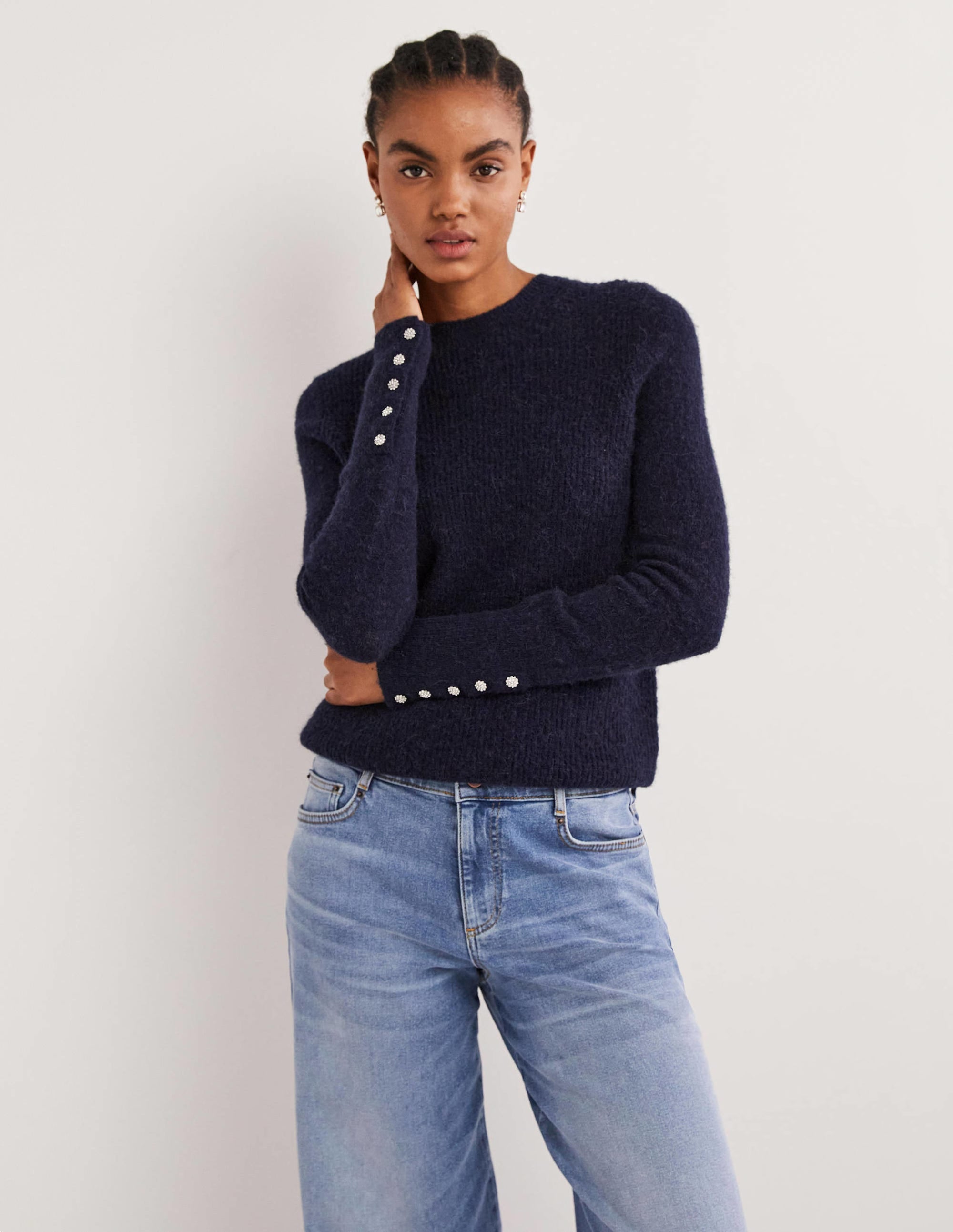 Navy Jewel Button Fluffy Jumper-Bleu marine - Image 1