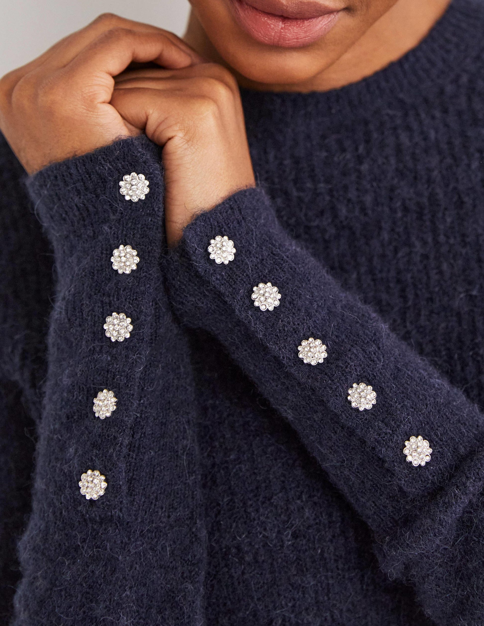 Navy Jewel Button Fluffy Jumper-Bleu marine-2