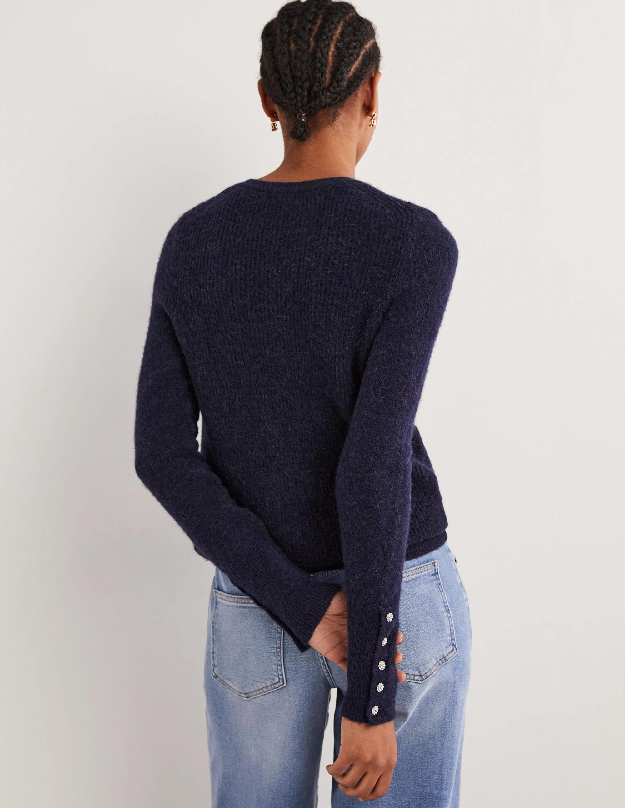 Navy Jewel Button Fluffy Jumper-Bleu marine - Image 3